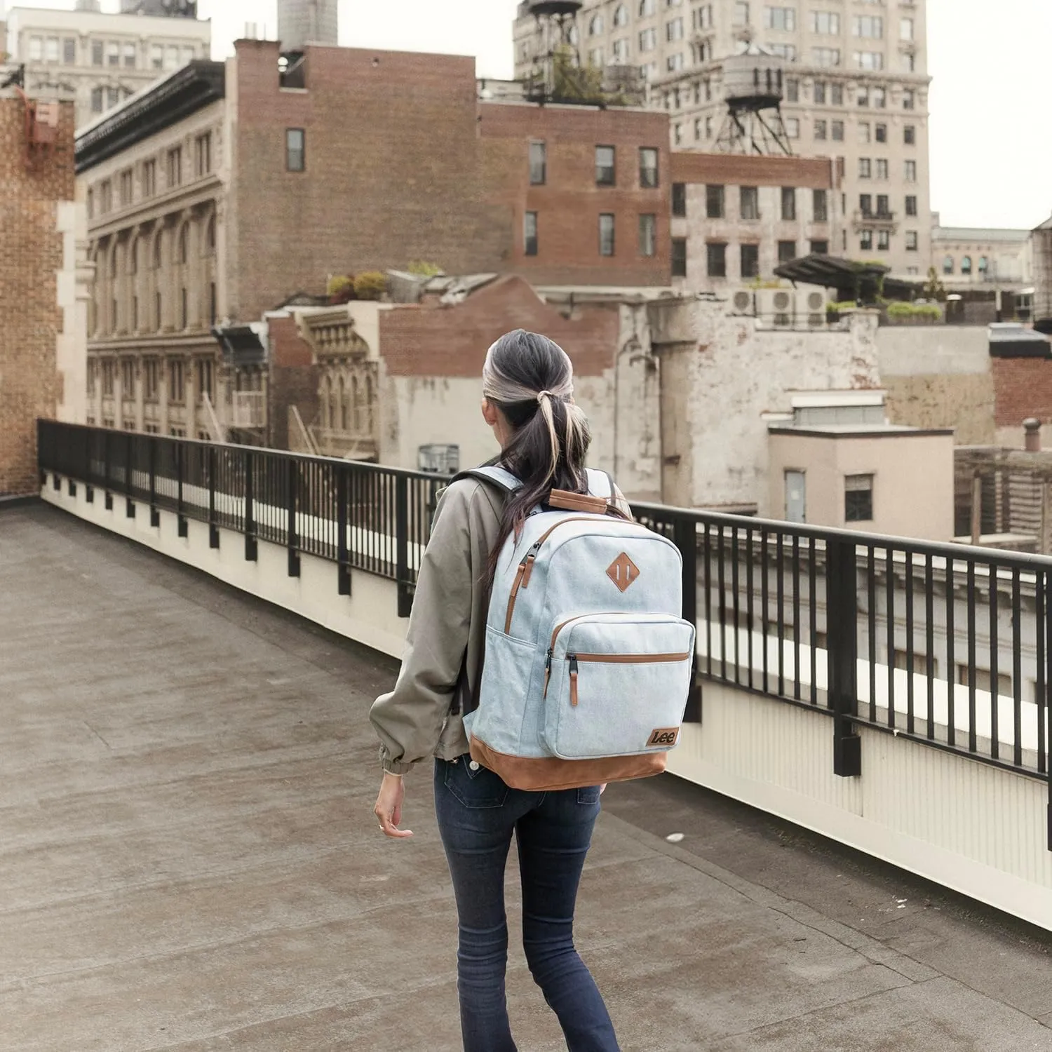 Lee Authentic Jeans Company Study Backpack for Class, Padded Laptop Sleeve Fits 15.6 Inch Notebook (Light Washed Denim)