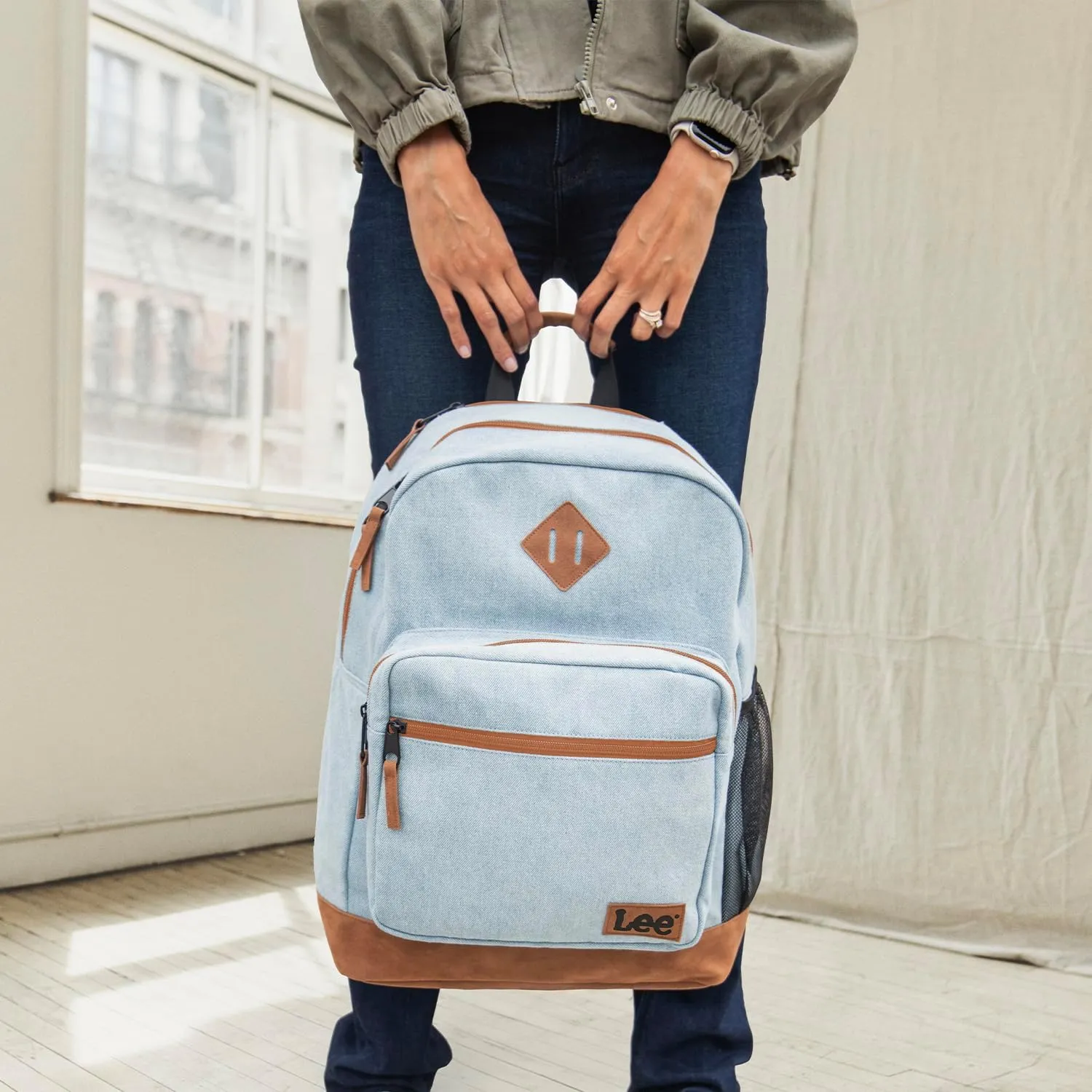 Lee Authentic Jeans Company Study Backpack for Class, Padded Laptop Sleeve Fits 15.6 Inch Notebook (Light Washed Denim)