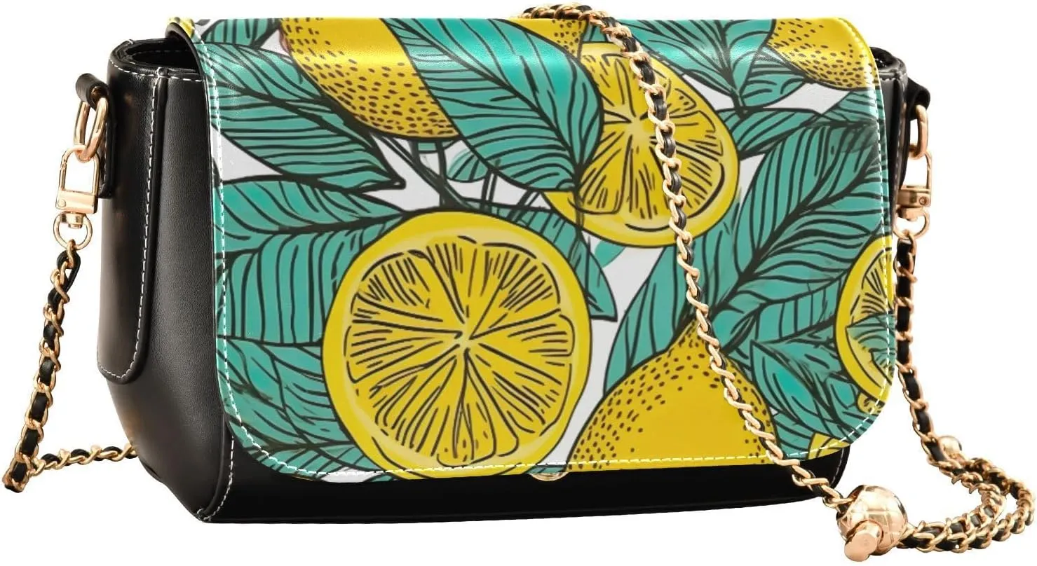 Lemon Slices and Leaves Pu Leather Shoulder Bag for Women, Leather Zipper Crossbody Purse, Leather Crossbody Bags