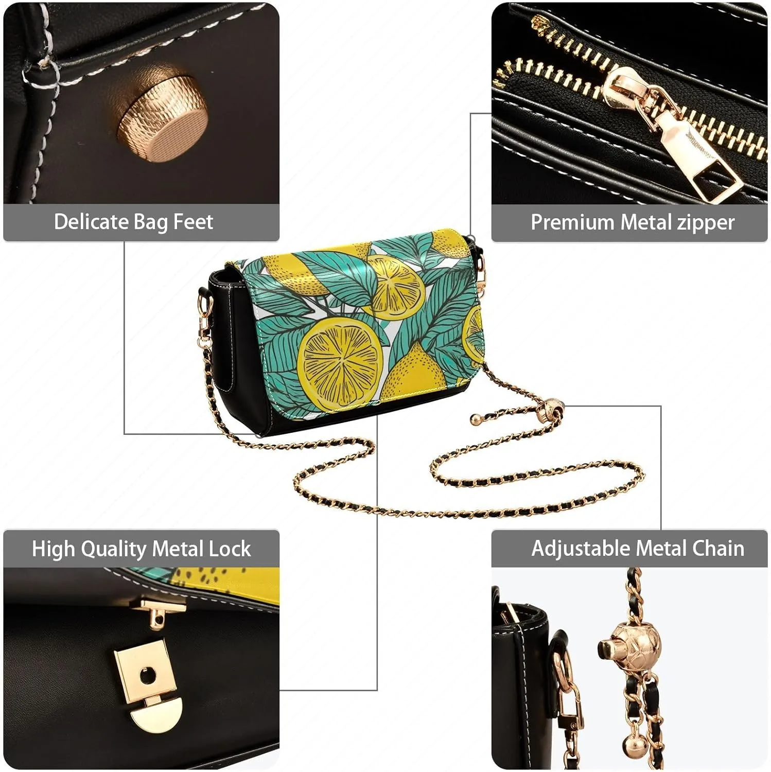 Lemon Slices and Leaves Pu Leather Shoulder Bag for Women, Leather Zipper Crossbody Purse, Leather Crossbody Bags