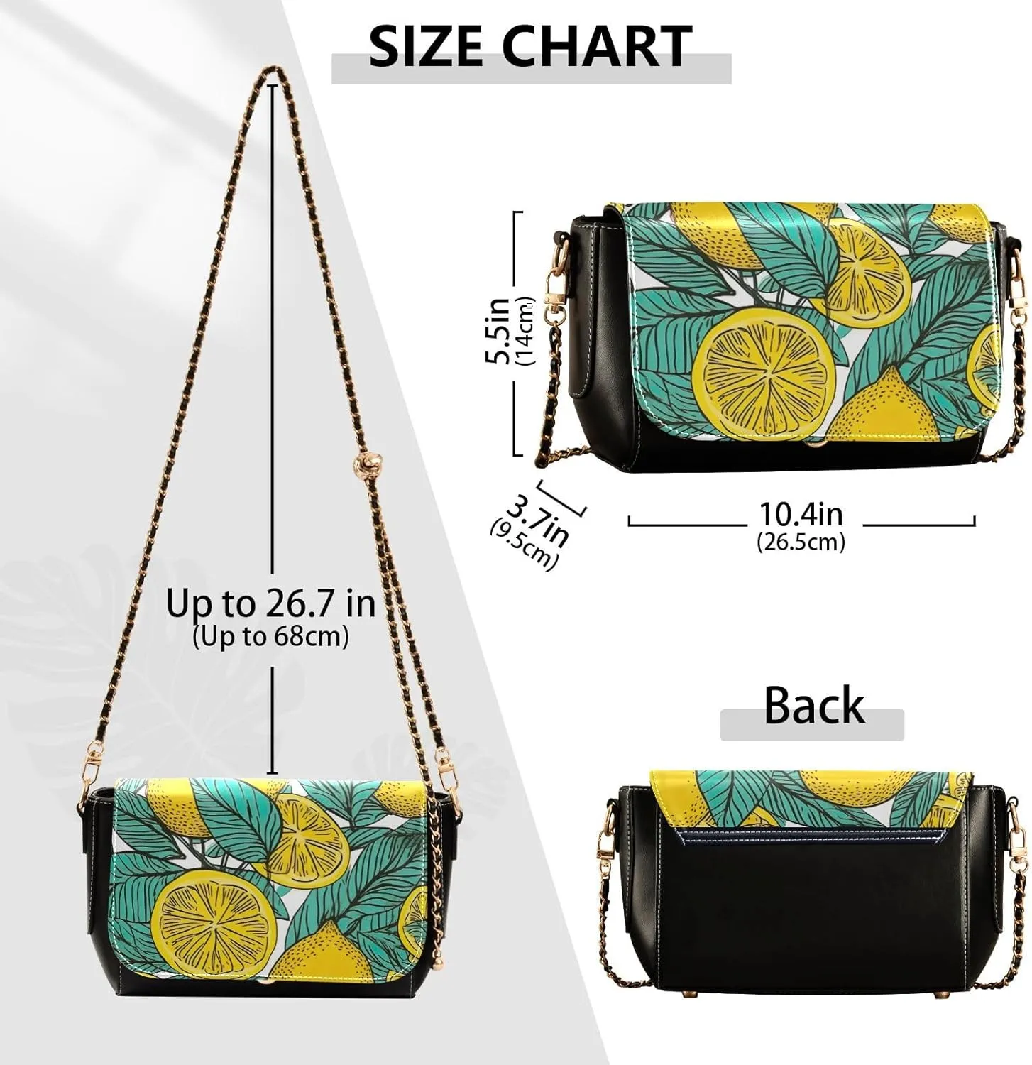 Lemon Slices and Leaves Pu Leather Shoulder Bag for Women, Leather Zipper Crossbody Purse, Leather Crossbody Bags
