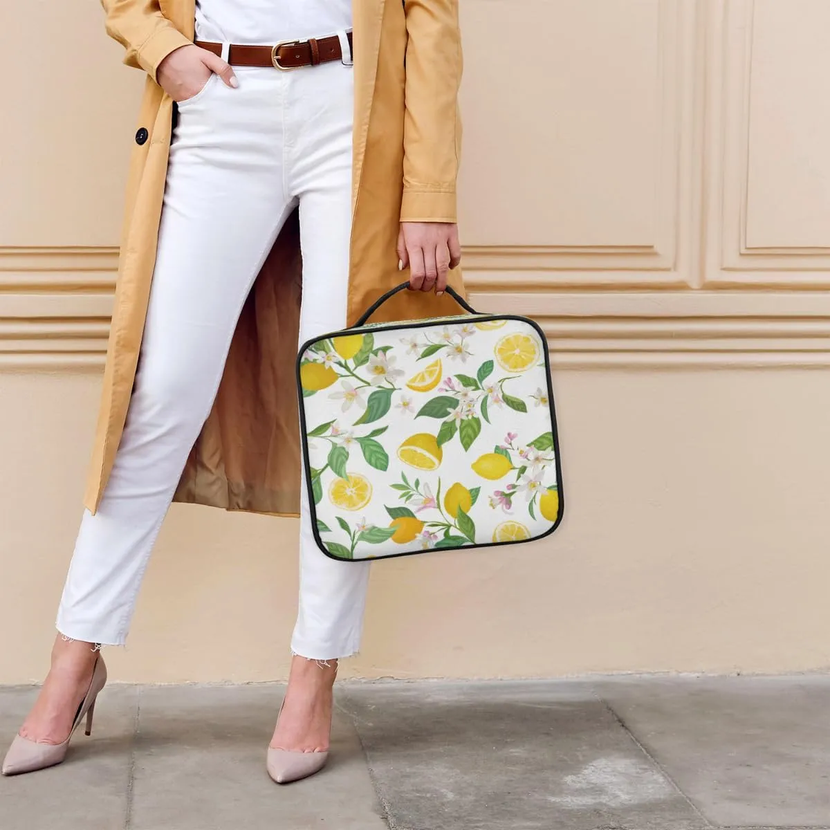 Lemons Pattern Makeup Train Case Travel Makeup Bag Professional Cosmetic Organizer Portable Storage Box with Adjustable Dividers for Cosmetics Makeup Brushes Toiletry