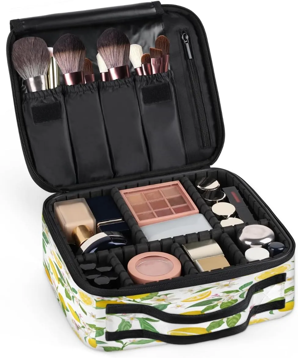 Lemons Pattern Makeup Train Case Travel Makeup Bag Professional Cosmetic Organizer Portable Storage Box with Adjustable Dividers for Cosmetics Makeup Brushes Toiletry