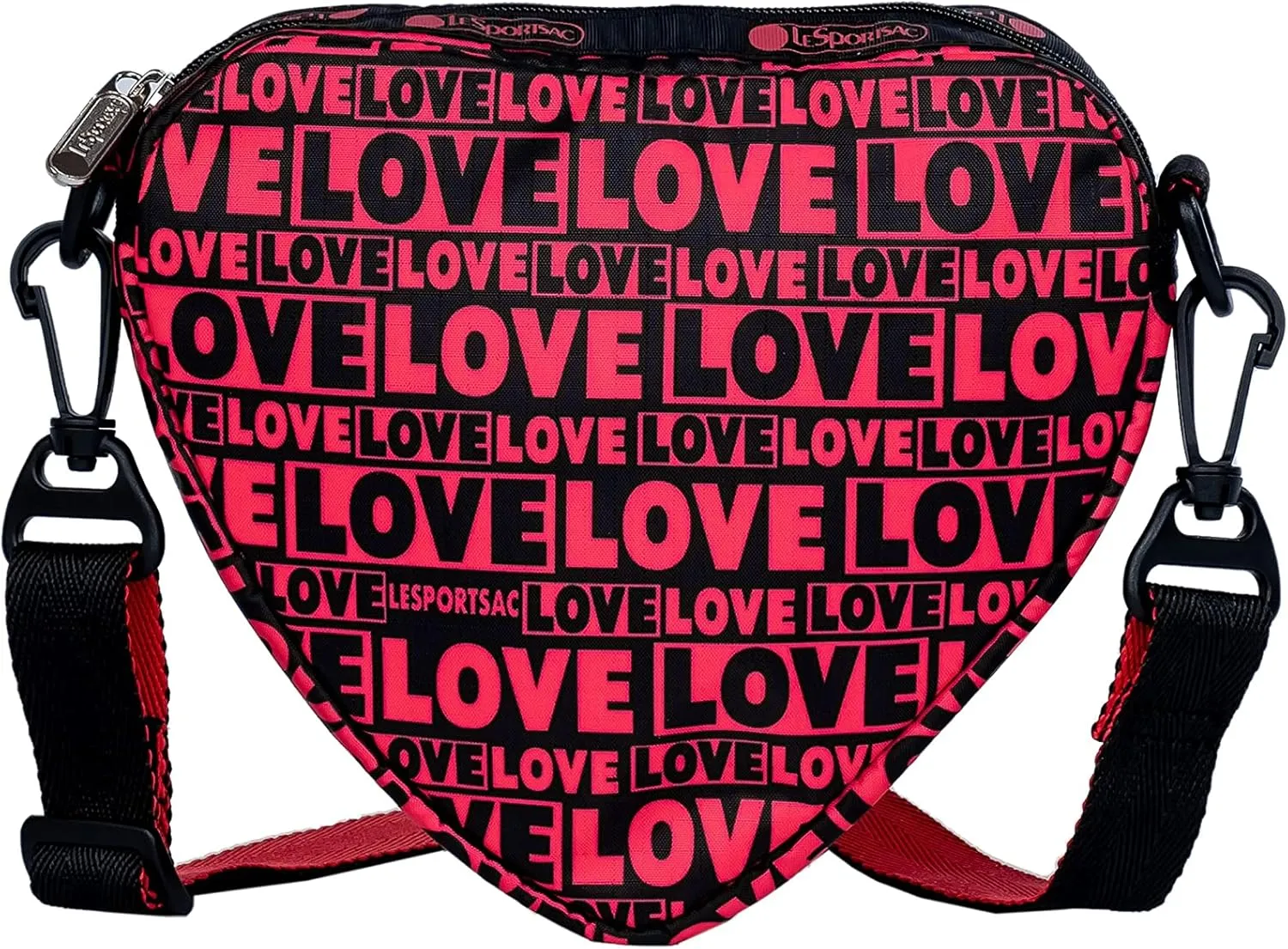 LeSportsac Only Love Heart Crossbody Bag, Style 3617/Color F909, Vibrant Black & Red LOVE Color Blocked Design, Detachable & Adjustable Fashion Trending 2 Tone Black/Red Strap, Ultimate Statement Bag