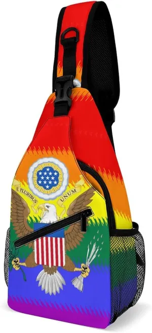 LGBT Flag United States Emblem Casual Sling Bag Backpack Travel Shoulder Chest Crossbody Bags Adjustable Daypack Unisex