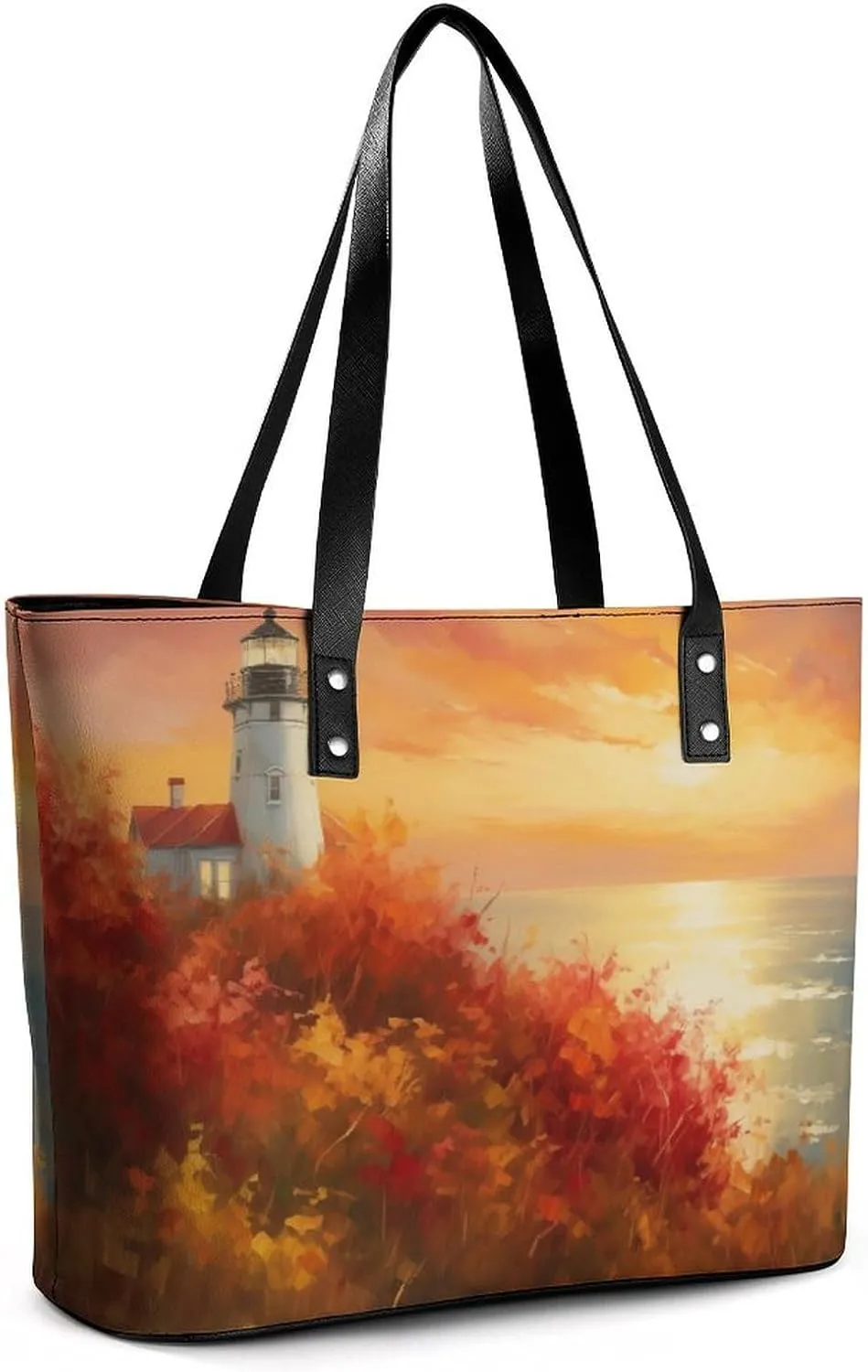 Lighthouse Standing Against Storm Women Soft Leather Handbags Tote Purses Shoulder Bucket Bags