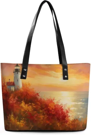 Lighthouse Standing Against Storm Women Soft Leather Handbags Tote Purses Shoulder Bucket Bags