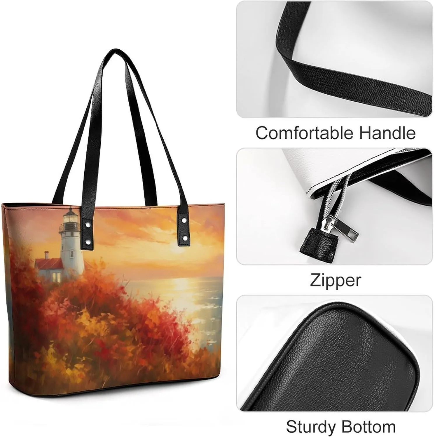 Lighthouse Standing Against Storm Women Soft Leather Handbags Tote Purses Shoulder Bucket Bags