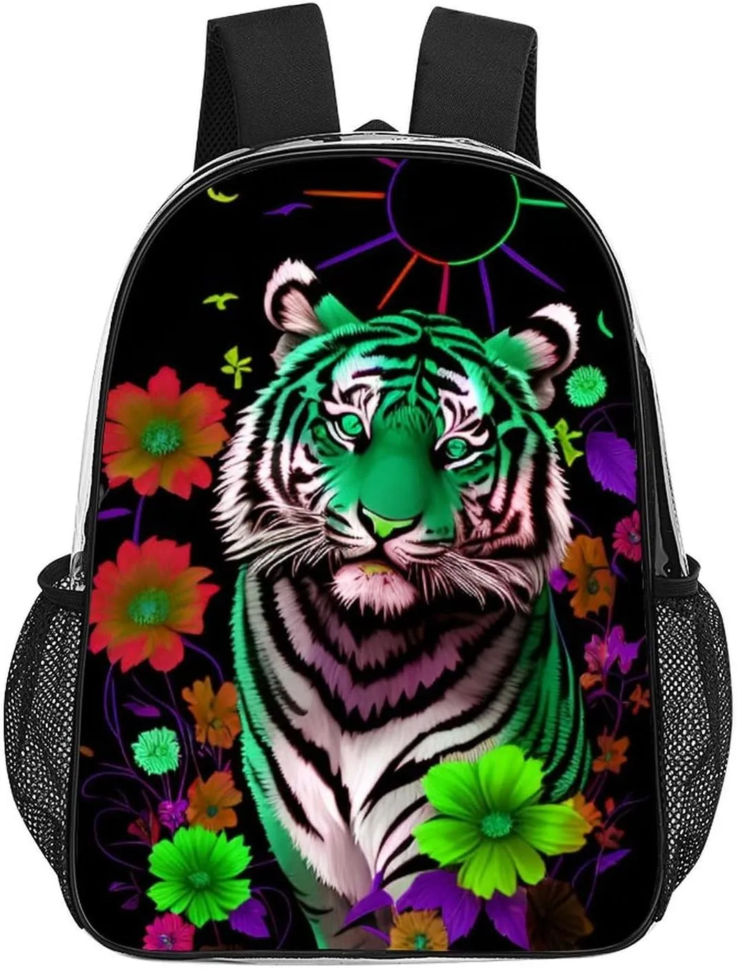 Lightweight Backpack for Gym Travel Bicycle - Big Capacity Multipurpose Transparent Carry On Bag, Trippy Tiger Animal Flower Art Travel Hiking Bag & Day Pack