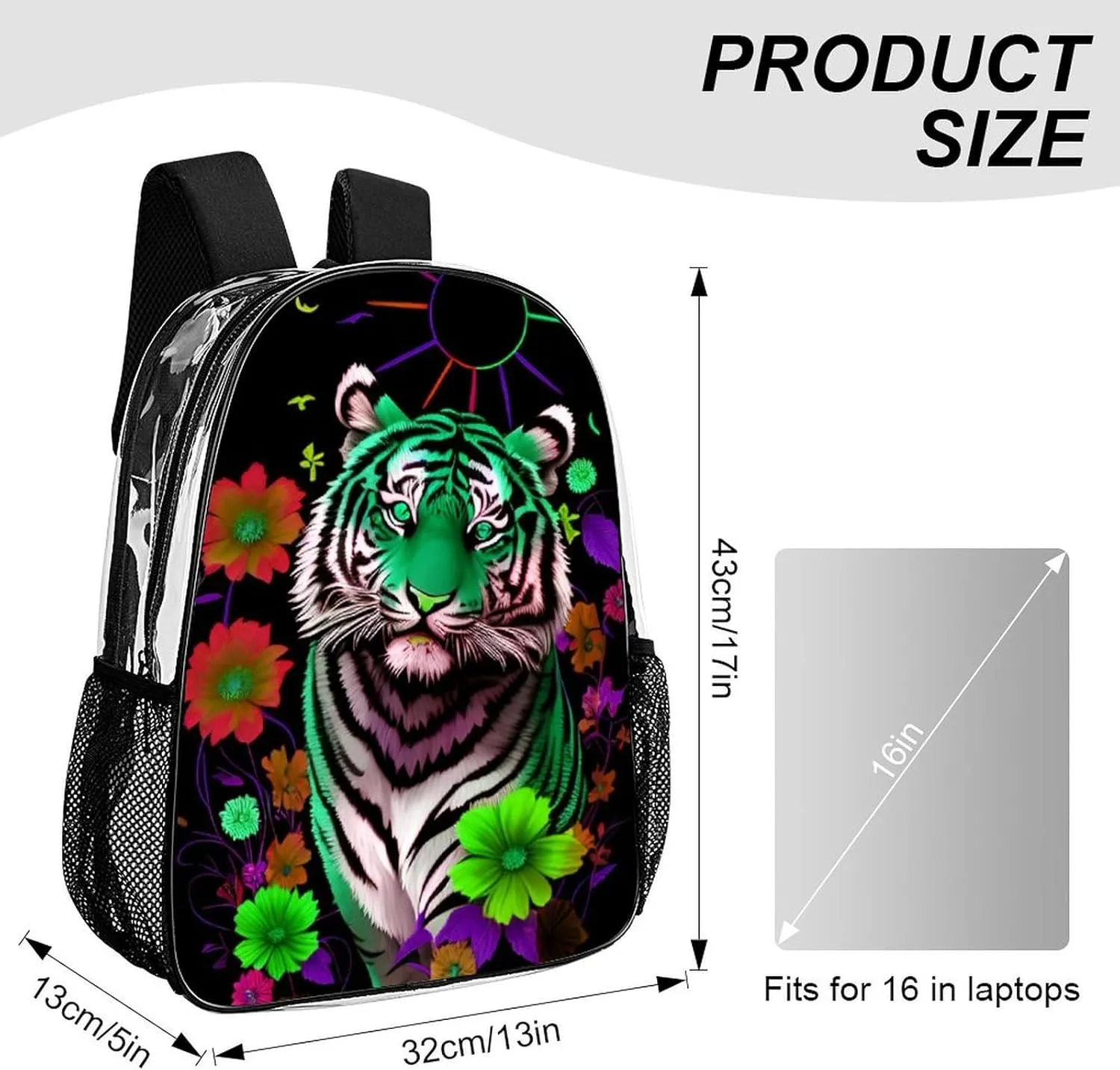 Lightweight Backpack for Gym Travel Bicycle - Big Capacity Multipurpose Transparent Carry On Bag, Trippy Tiger Animal Flower Art Travel Hiking Bag & Day Pack