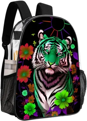 Lightweight Backpack for Gym Travel Bicycle - Big Capacity Multipurpose Transparent Carry On Bag, Trippy Tiger Animal Flower Art Travel Hiking Bag & Day Pack