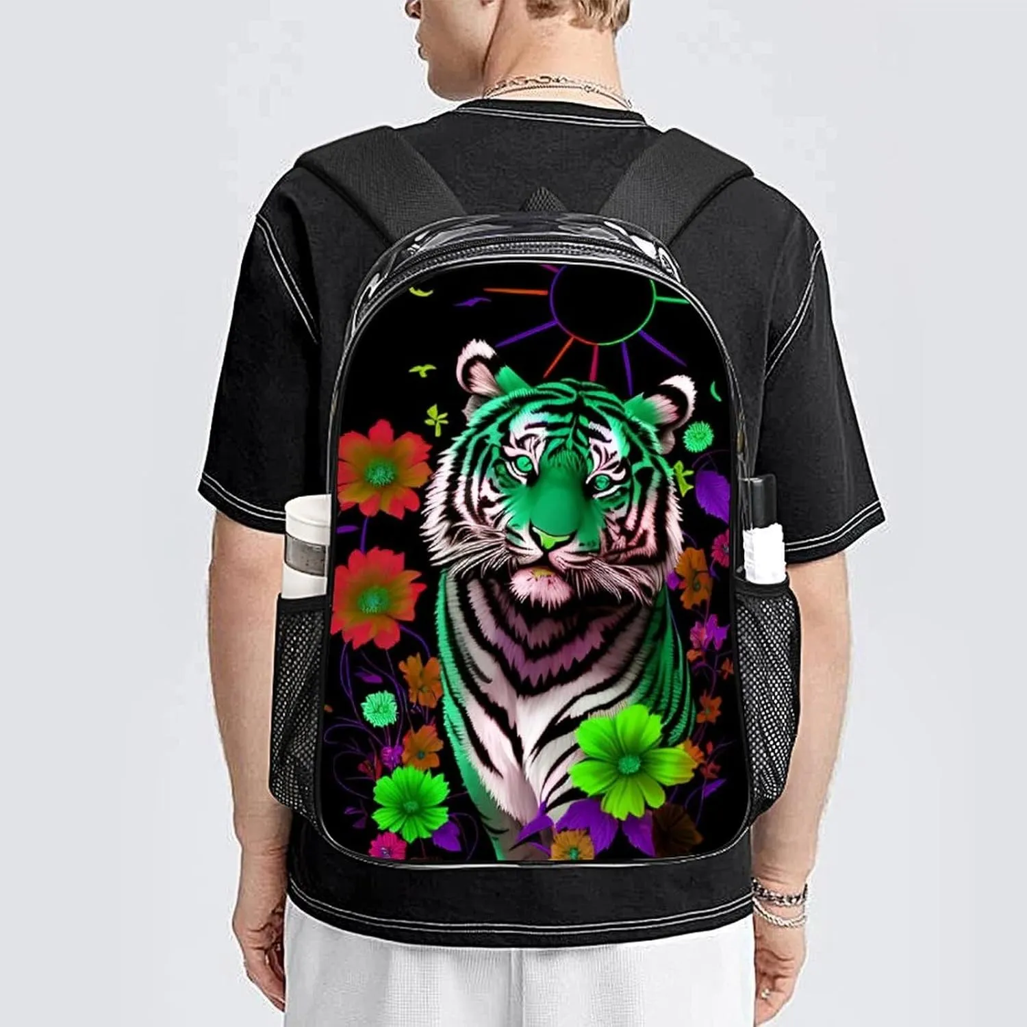 Lightweight Backpack for Gym Travel Bicycle - Big Capacity Multipurpose Transparent Carry On Bag, Trippy Tiger Animal Flower Art Travel Hiking Bag & Day Pack