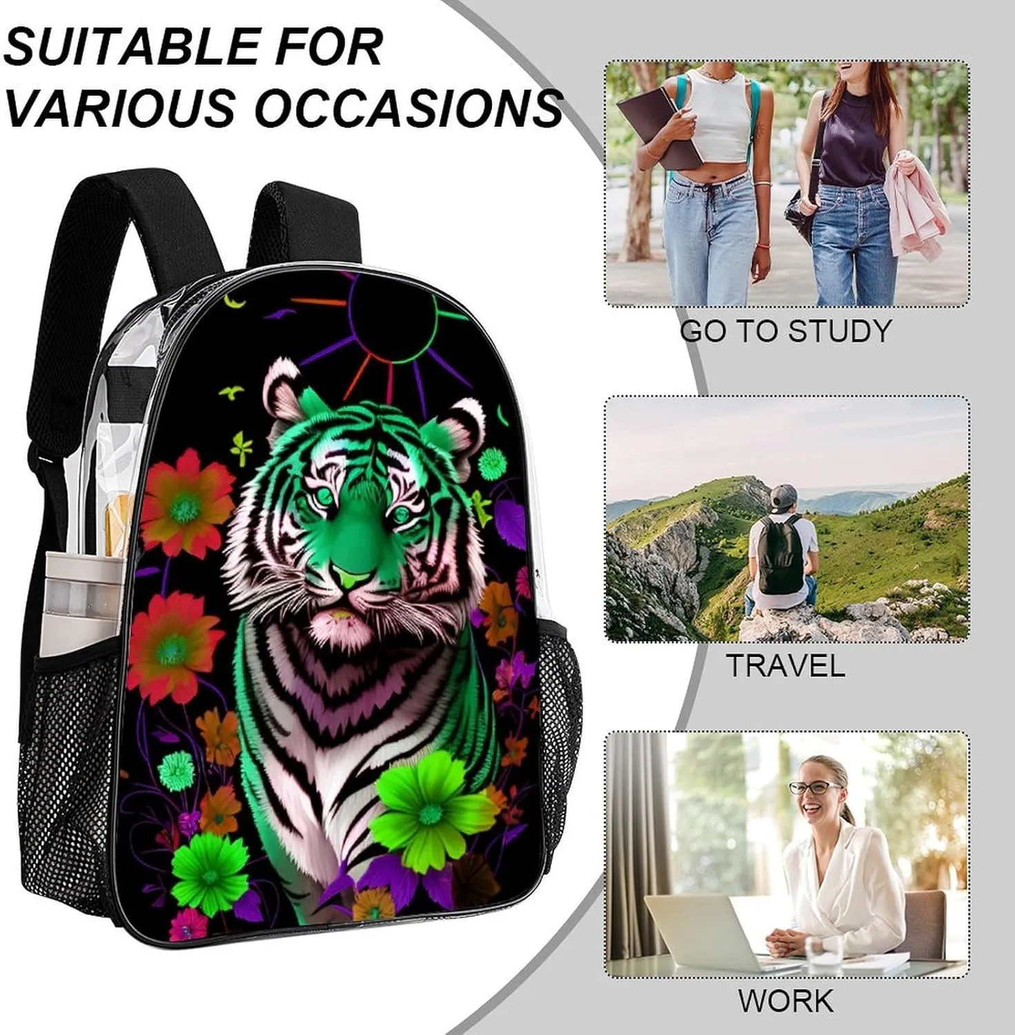 Lightweight Backpack for Gym Travel Bicycle - Big Capacity Multipurpose Transparent Carry On Bag, Trippy Tiger Animal Flower Art Travel Hiking Bag & Day Pack