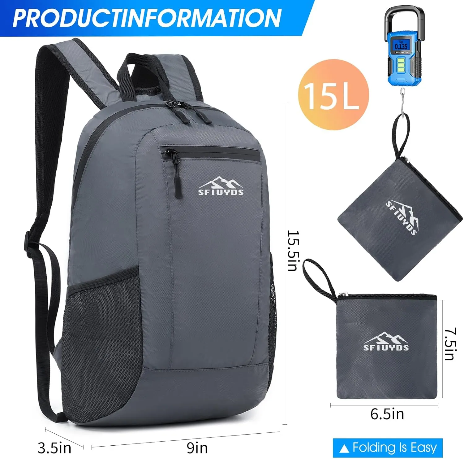 Lightweight Hiking Backpack Small,Waterproof Hiking Daypack,Foldable Backpack for Travel,Ultralight Daypack (Nylon, Grey)