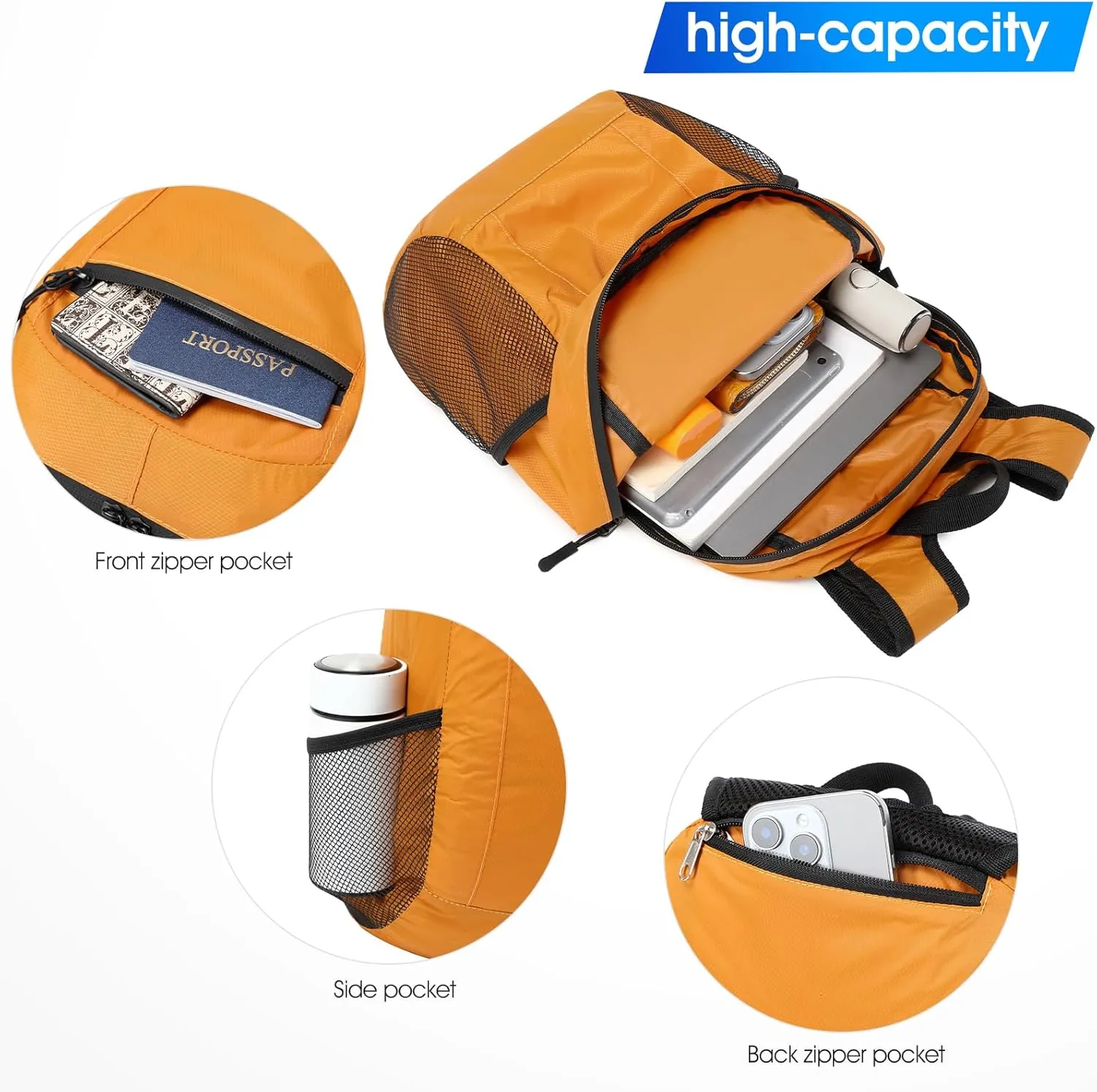 Lightweight Hiking Backpack Small,Waterproof Hiking Daypack,Foldable Backpack for Travel,Ultralight Daypack(Nylon, Yellow)