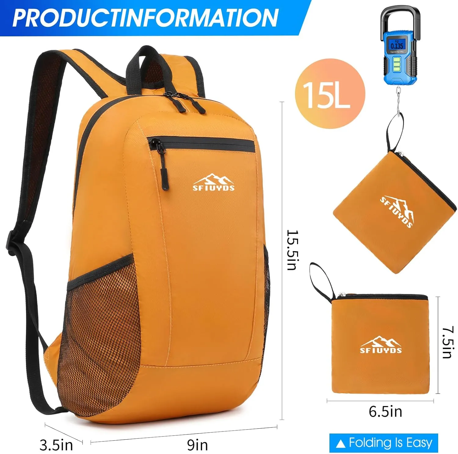 Lightweight Hiking Backpack Small,Waterproof Hiking Daypack,Foldable Backpack for Travel,Ultralight Daypack(Nylon, Yellow)