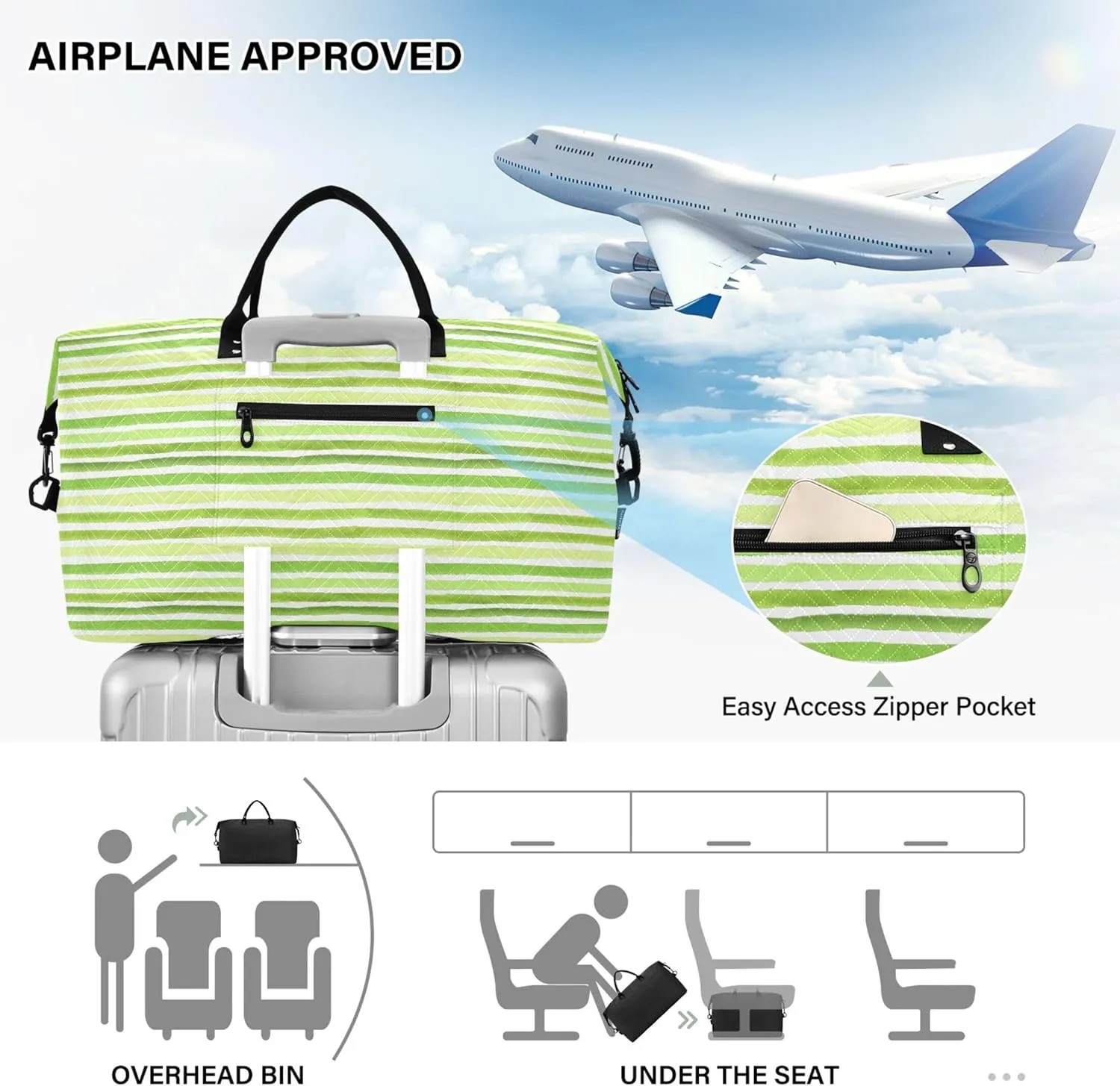 Lime Green Striped Travel Duffel Bag Cosmetic Bags Set, Funny Womens Sports Bags Carry on Duffle