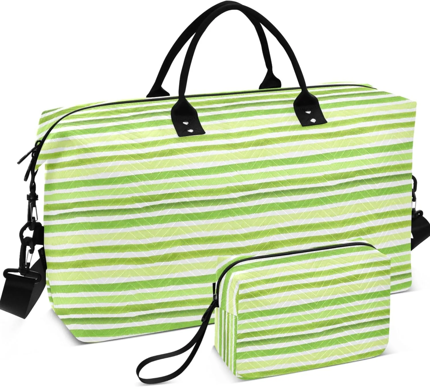 Lime Green Striped Travel Duffel Bag Cosmetic Bags Set, Funny Womens Sports Bags Carry on Duffle