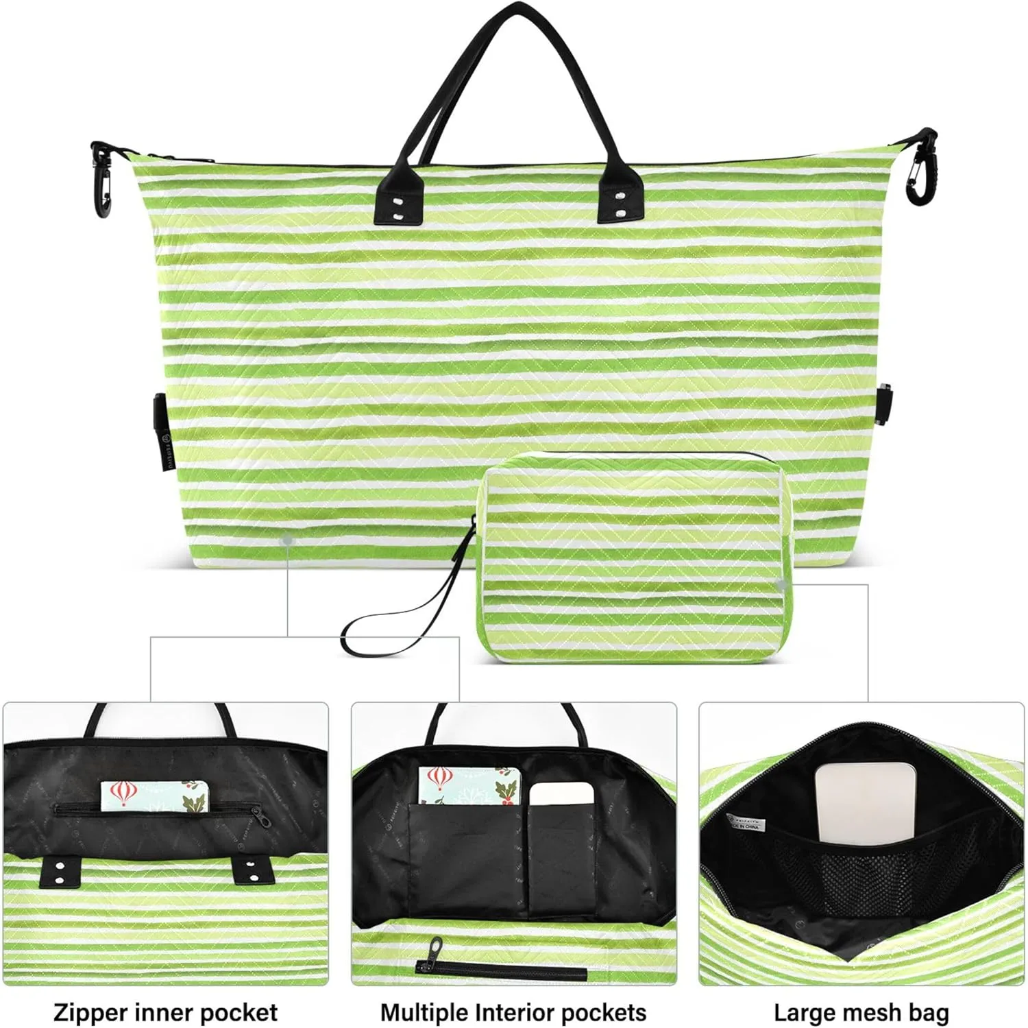 Lime Green Striped Travel Duffel Bag Cosmetic Bags Set, Funny Womens Sports Bags Carry on Duffle