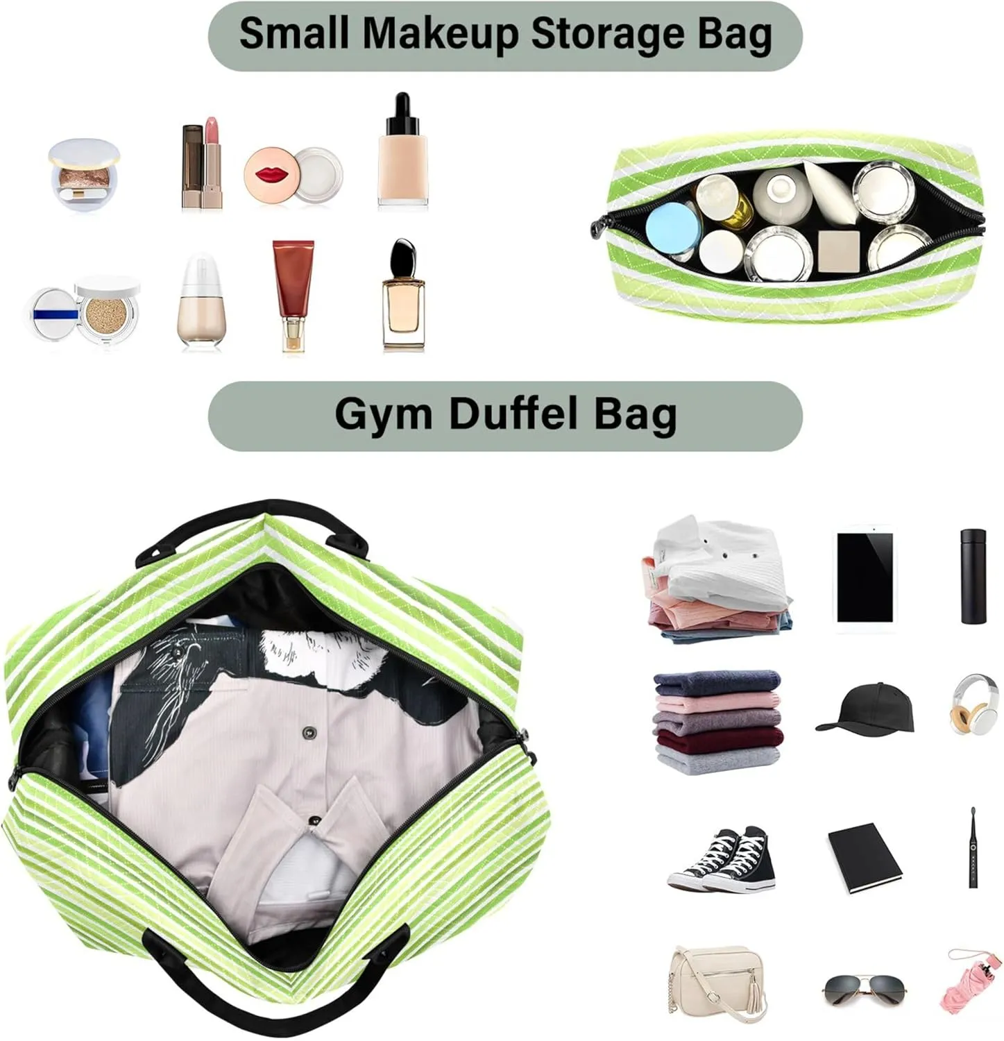 Lime Green Striped Travel Duffel Bag Cosmetic Bags Set, Funny Womens Sports Bags Carry on Duffle