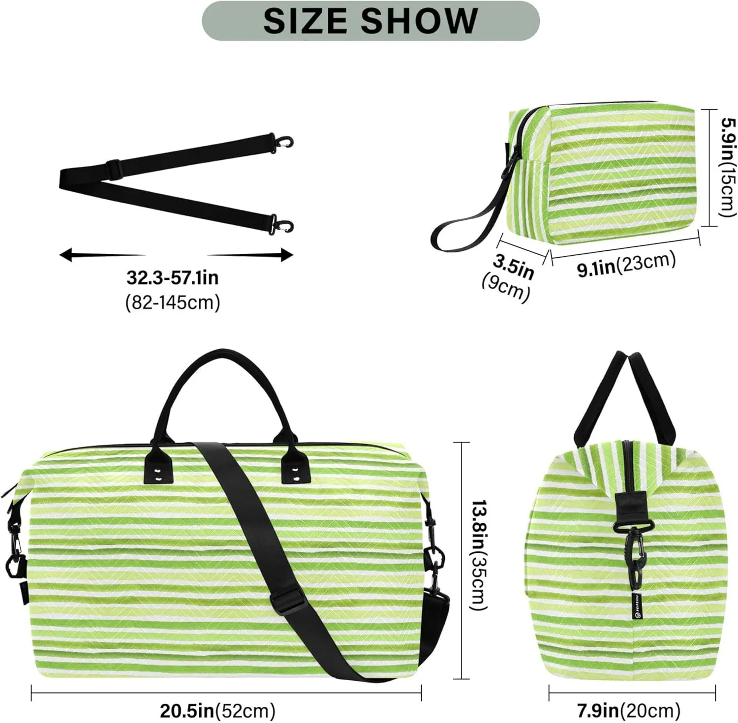 Lime Green Striped Travel Duffel Bag Cosmetic Bags Set, Funny Womens Sports Bags Carry on Duffle