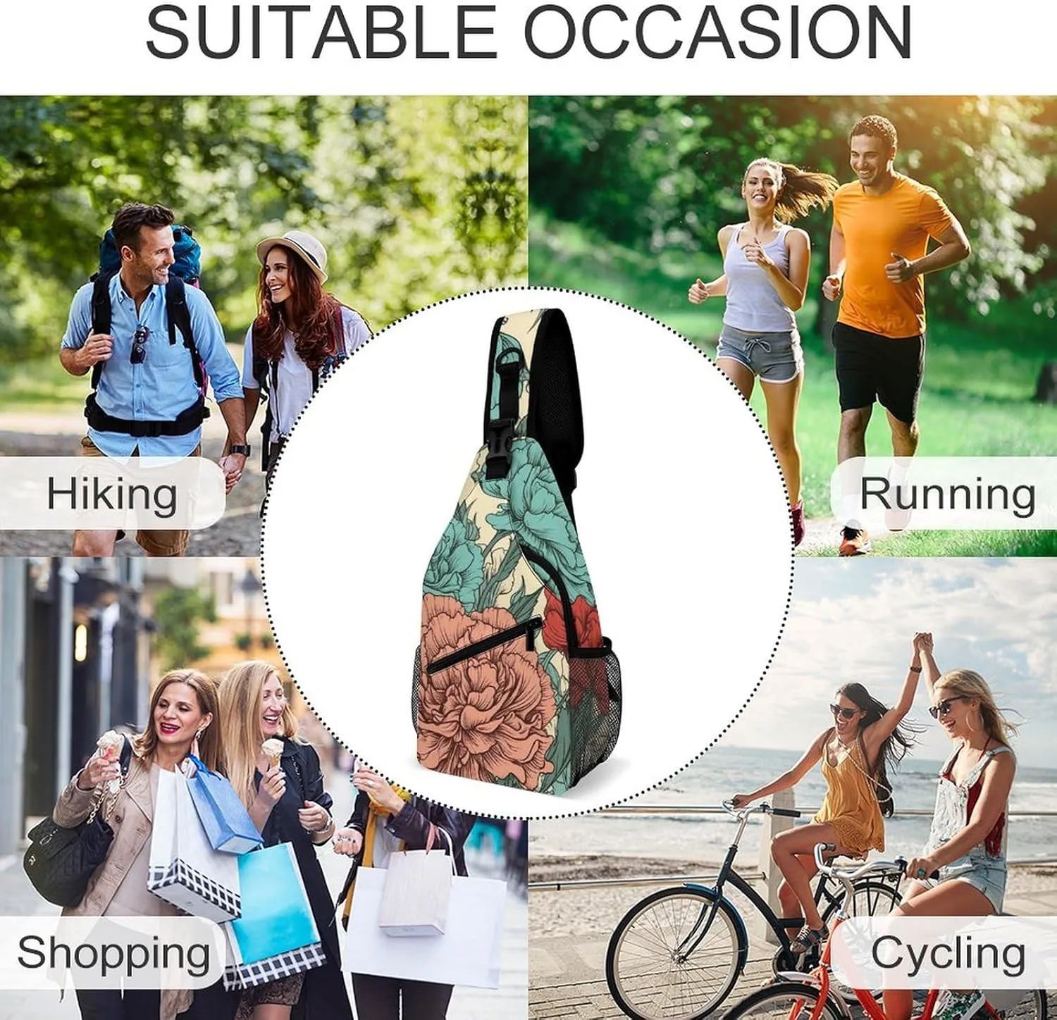 Linear Texture Beige Sling Bag Lightweight Crossbody Chest Pack Travel Shoulder Bag with Adjustable Strap