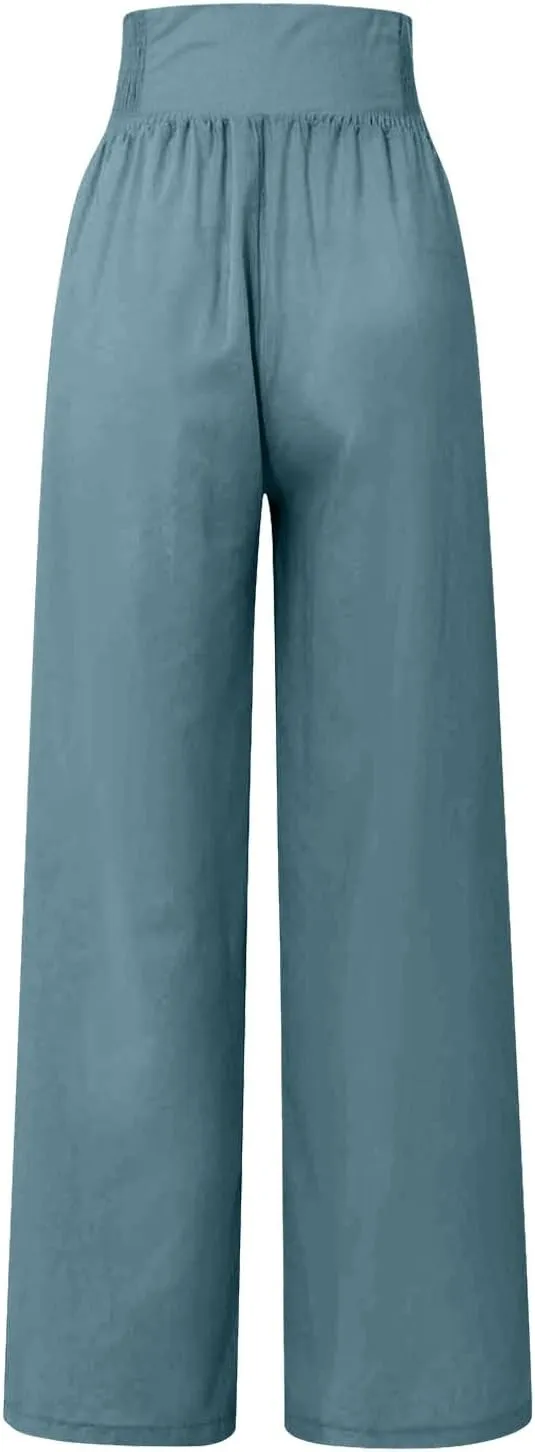 Linen Pants Women Summer High Waisted Cotton Linen Palazzo Pants Wide Leg Long Lounge Pants Work Trousers with Pocket
