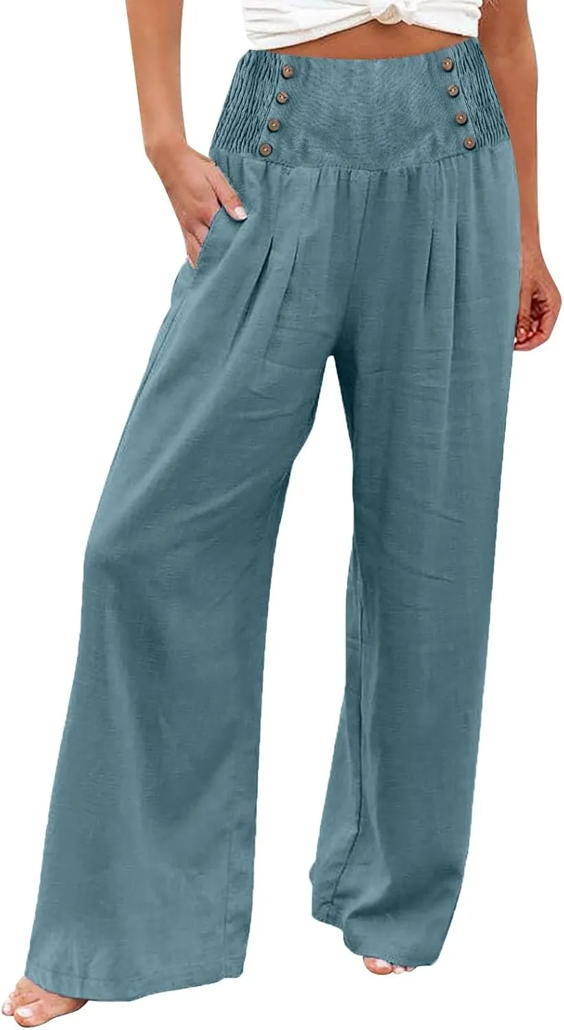 Linen Pants Women Summer High Waisted Cotton Linen Palazzo Pants Wide Leg Long Lounge Pants Work Trousers with Pocket