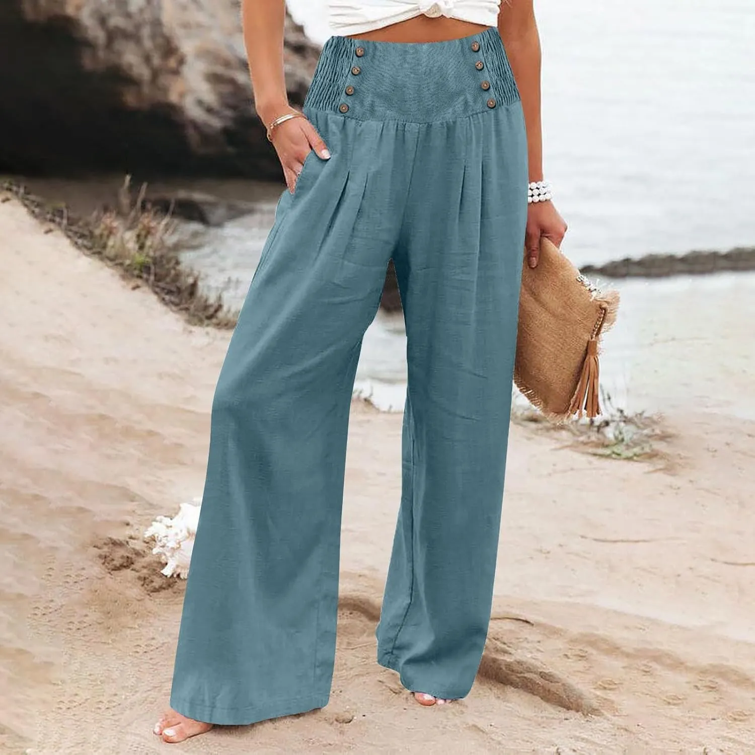 Linen Pants Women Summer High Waisted Cotton Linen Palazzo Pants Wide Leg Long Lounge Pants Work Trousers with Pocket