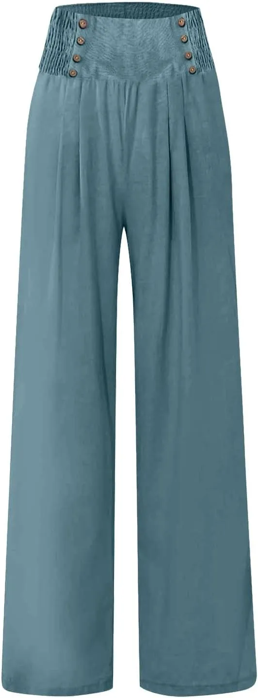Linen Pants Women Summer High Waisted Cotton Linen Palazzo Pants Wide Leg Long Lounge Pants Work Trousers with Pocket
