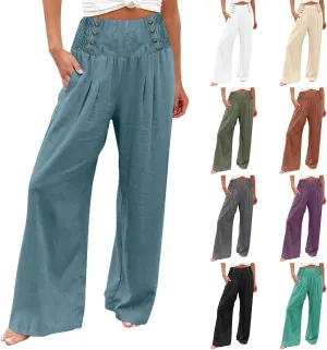 Linen Pants Women Summer High Waisted Cotton Linen Palazzo Pants Wide Leg Long Lounge Pants Work Trousers with Pocket