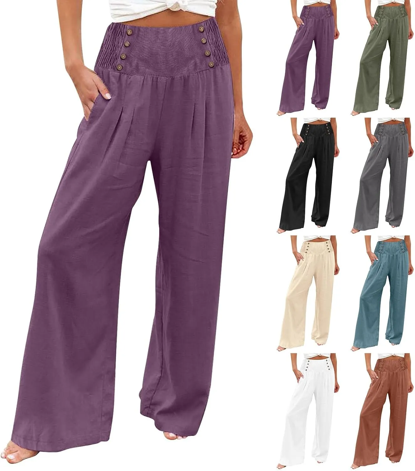 Linen Pants Women Summer High Waisted Cotton Linen Palazzo Pants Wide Leg Long Lounge Pants Work Trousers with Pocket