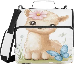 Llama Butterfly Flower Beige 3 Ring Zipper Binder with Shoulder Strap Portfolio Organizer for School Office Document Storage