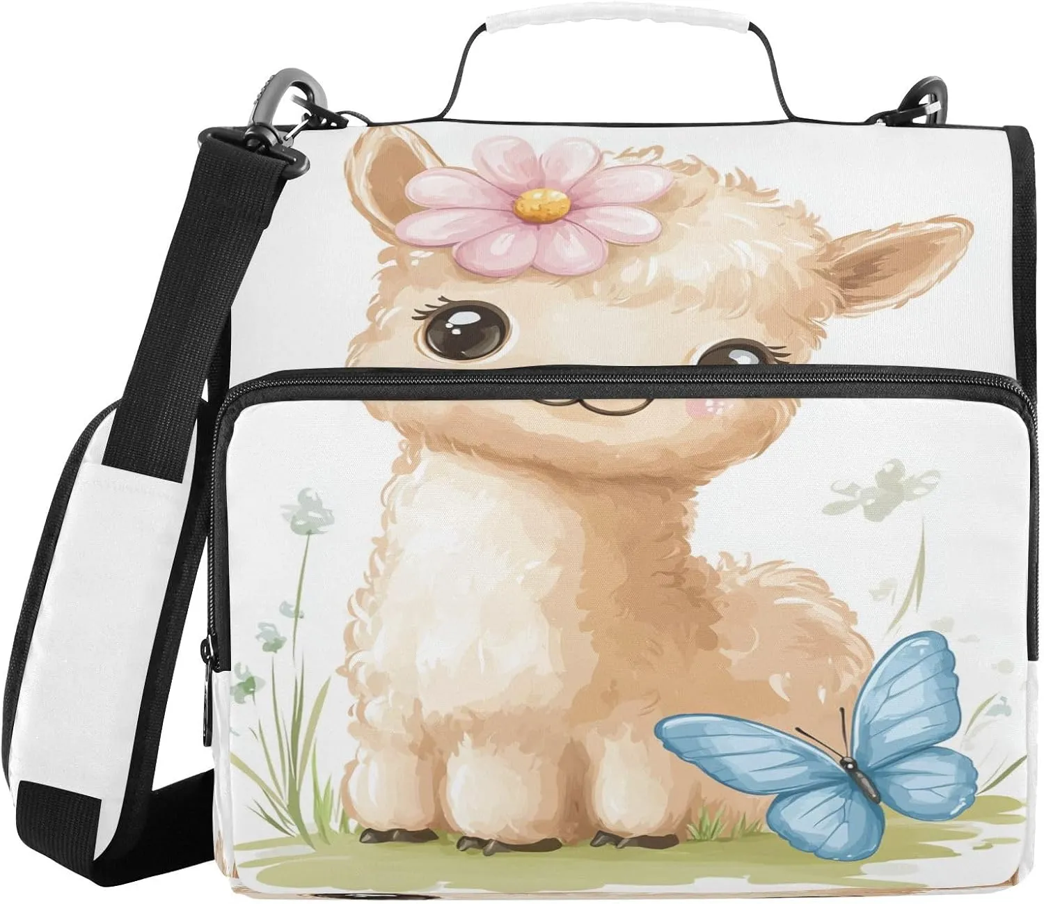 Llama Butterfly Flower Beige 3 Ring Zipper Binder with Shoulder Strap Portfolio Organizer for School Office Document Storage