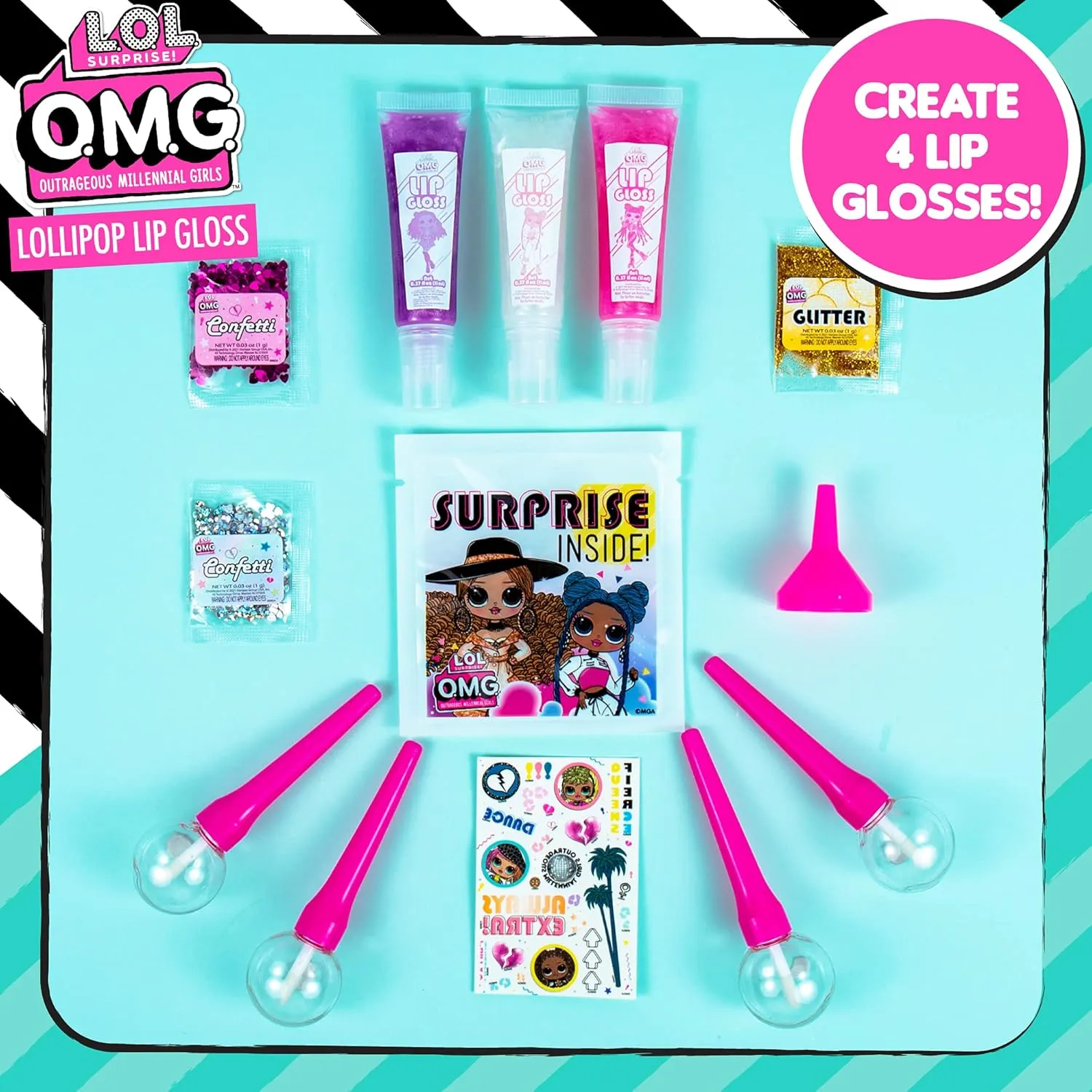 L.O.L. Surprise! O.M.G. Lollipop Lip Gloss by Horizon Group USA, Create 4 LOL Surprise Lip Glosses, Includes 4 Lip Gloss Containers, 3 Fun Flavors, Confetti, Surprise Temporary Tattoos & More