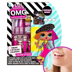 L.O.L. Surprise! O.M.G. Lollipop Lip Gloss by Horizon Group USA, Create 4 LOL Surprise Lip Glosses, Includes 4 Lip Gloss Containers, 3 Fun Flavors, Confetti, Surprise Temporary Tattoos & More