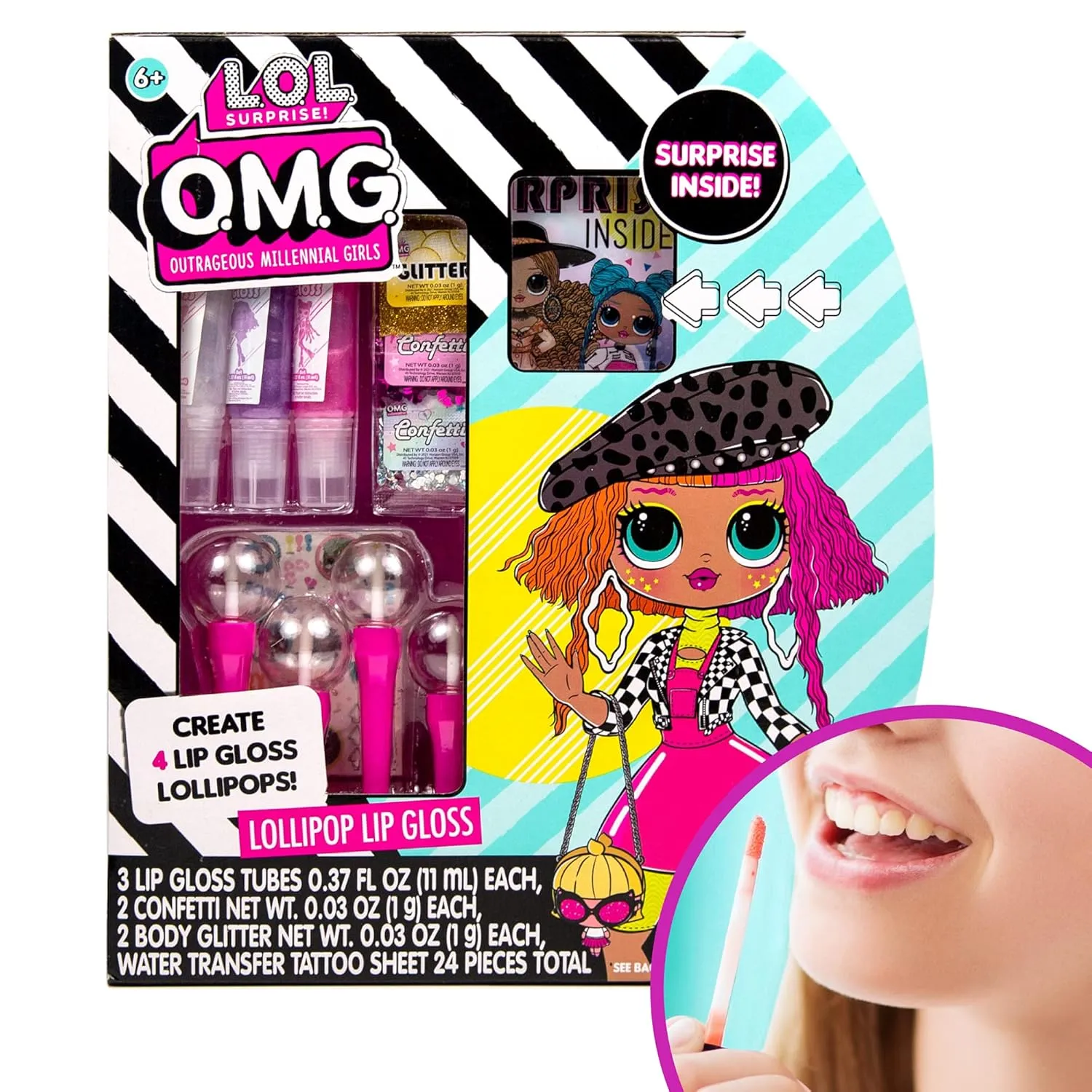 L.O.L. Surprise! O.M.G. Lollipop Lip Gloss by Horizon Group USA, Create 4 LOL Surprise Lip Glosses, Includes 4 Lip Gloss Containers, 3 Fun Flavors, Confetti, Surprise Temporary Tattoos & More
