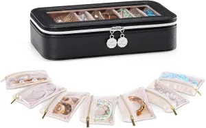 Lolalet 8 in 1 Travel Jewelry Case with Velvet Pouches, Clear Window Travel Jewelry Organizer Bags for Earrings, Bracelets, Necklaces and Rings, Compact Jewelry Storage for Women Girls- Black, 7PCS