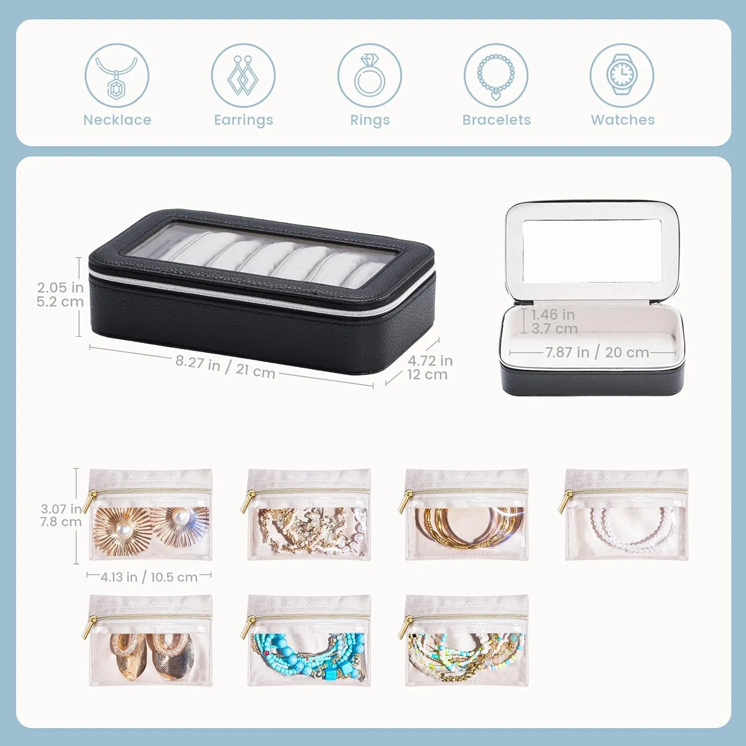 Lolalet 8 in 1 Travel Jewelry Case with Velvet Pouches, Clear Window Travel Jewelry Organizer Bags for Earrings, Bracelets, Necklaces and Rings, Compact Jewelry Storage for Women Girls- Black, 7PCS