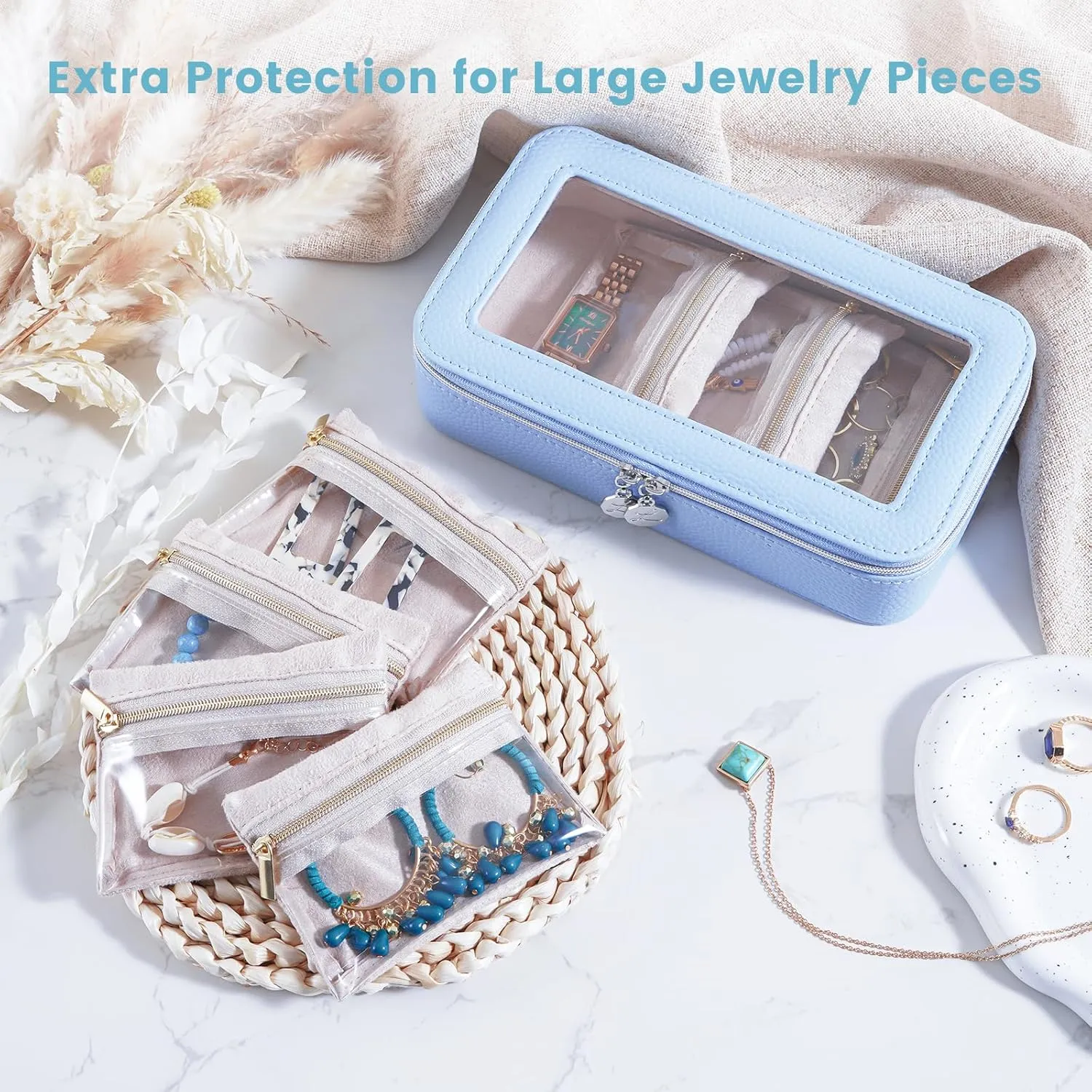 Lolalet 8 in 1 Travel Jewelry Case with Velvet Pouches, Clear Window Travel Jewelry Organizer Bags for Earrings, Bracelets, Necklaces and Rings, Compact Jewelry Storage for Women Girls -Blue, 7PCS