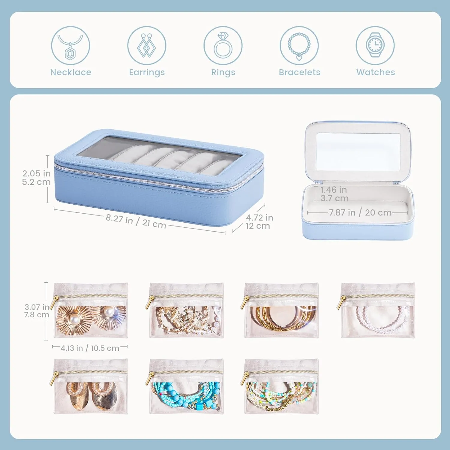 Lolalet 8 in 1 Travel Jewelry Case with Velvet Pouches, Clear Window Travel Jewelry Organizer Bags for Earrings, Bracelets, Necklaces and Rings, Compact Jewelry Storage for Women Girls -Blue, 7PCS