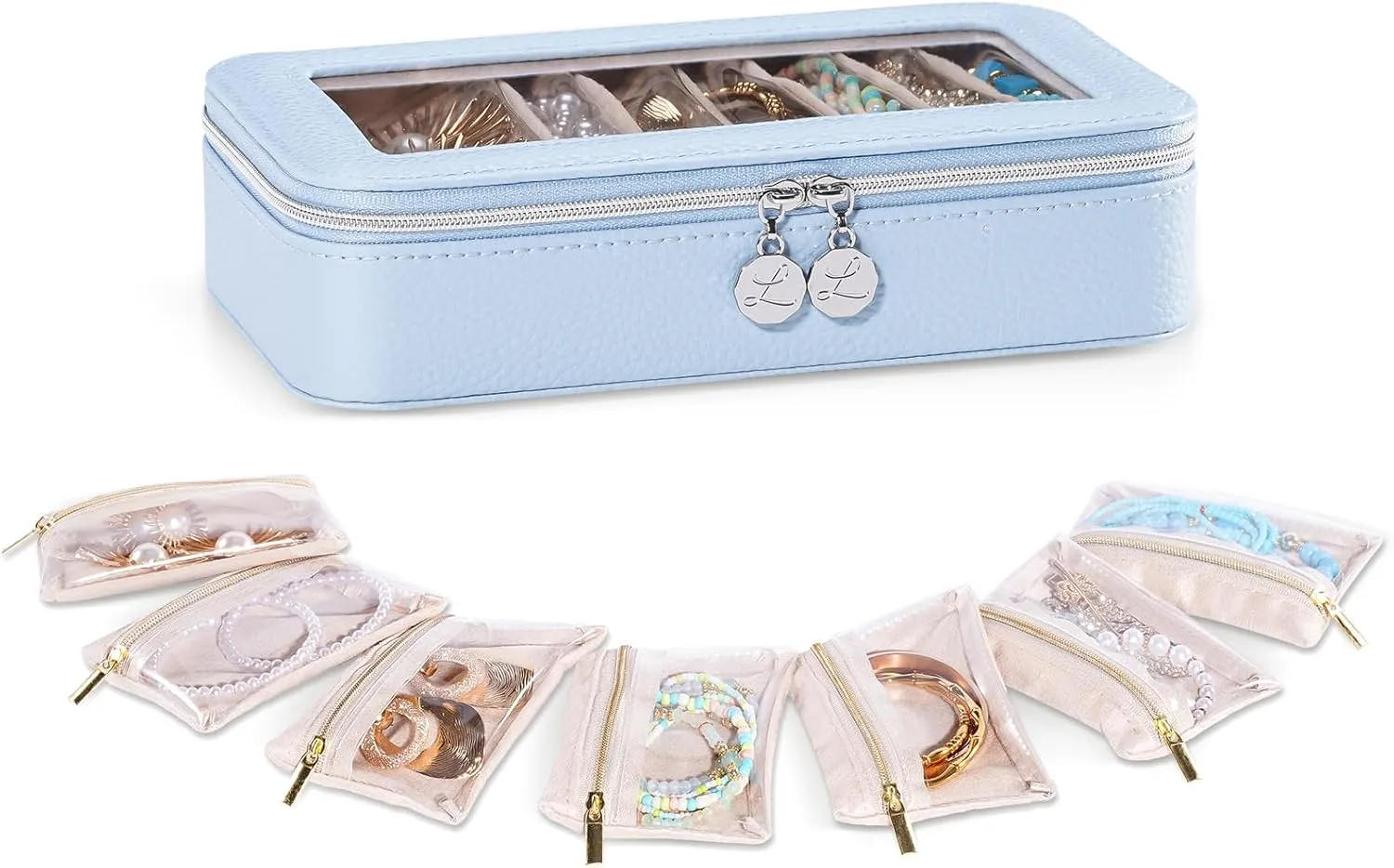 Lolalet 8 in 1 Travel Jewelry Case with Velvet Pouches, Clear Window Travel Jewelry Organizer Bags for Earrings, Bracelets, Necklaces and Rings, Compact Jewelry Storage for Women Girls -Blue, 7PCS