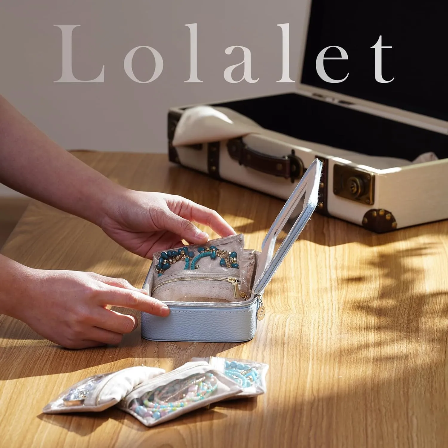 Lolalet 8 in 1 Travel Jewelry Case with Velvet Pouches, Clear Window Travel Jewelry Organizer Bags for Earrings, Bracelets, Necklaces and Rings, Compact Jewelry Storage for Women Girls -Blue, 7PCS