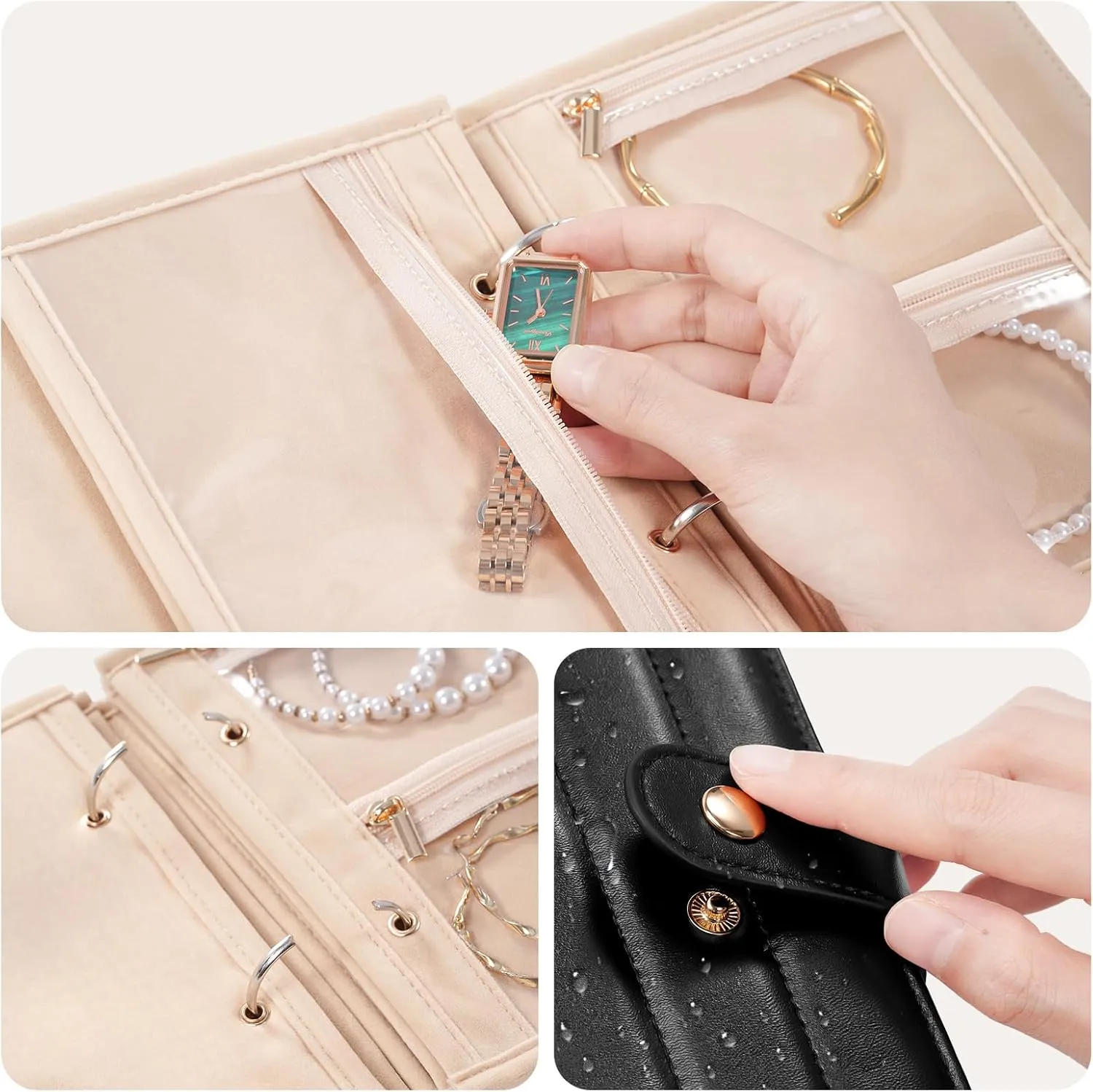 Lolalet Travel Jewelry Organizer Case, Portable Jewlery Storage Book Portfolio Binder with Zipper Velvet Pouch and Built-in Mirror for Women -Black