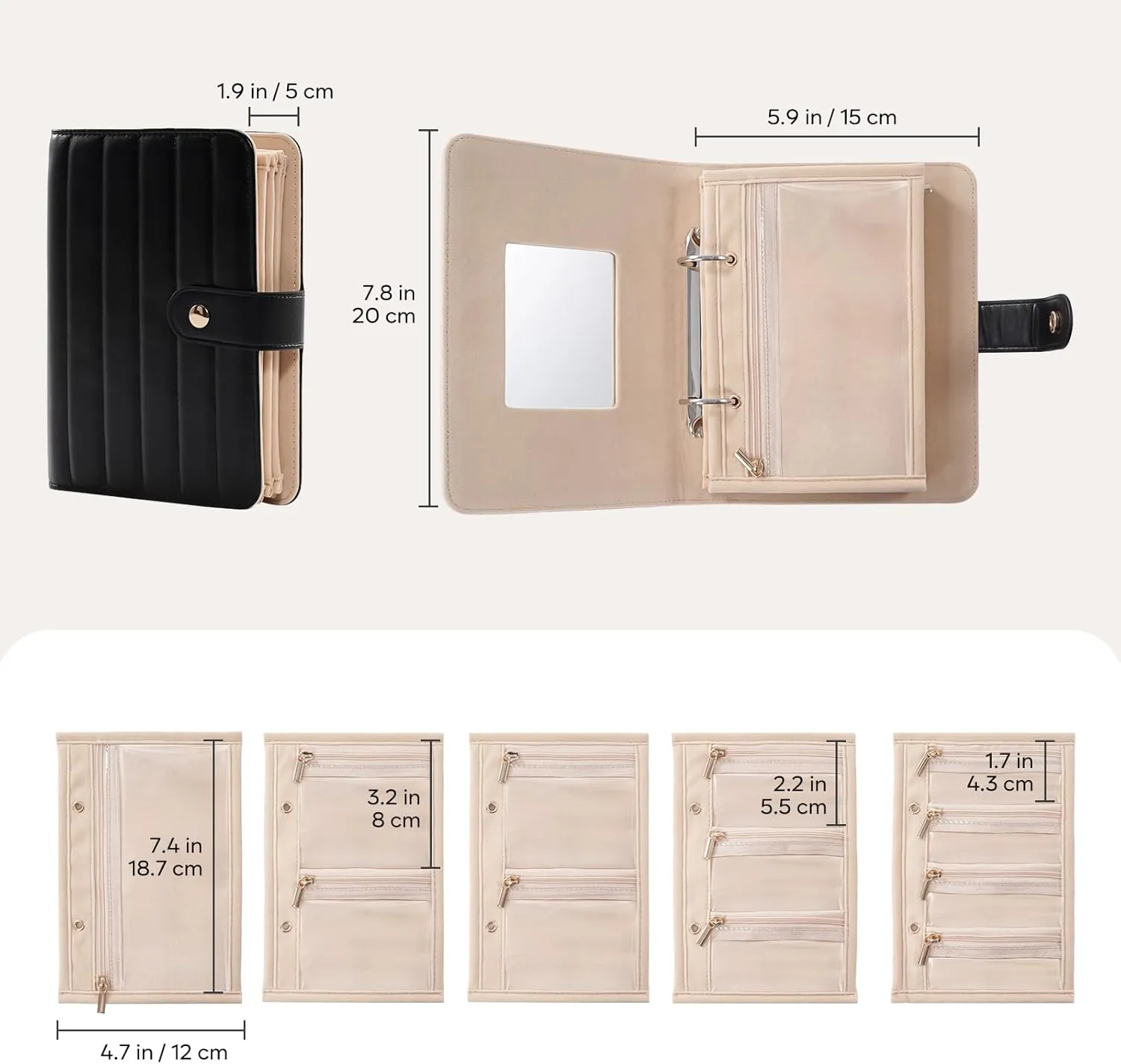 Lolalet Travel Jewelry Organizer Case, Portable Jewlery Storage Book Portfolio Binder with Zipper Velvet Pouch and Built-in Mirror for Women -Black