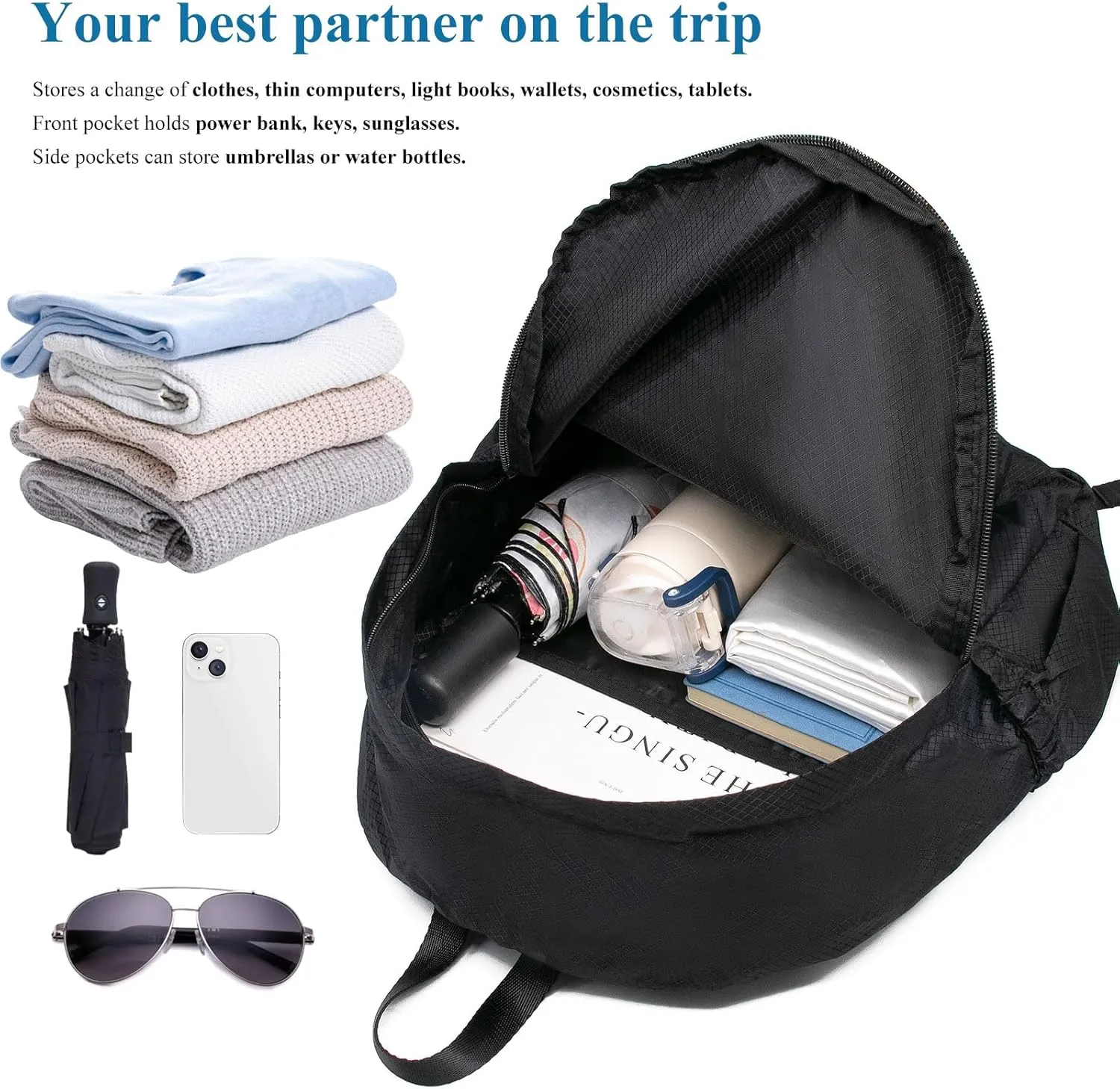 Long Keeper 15L Packable Lightweight Backpack for Women Men Water Resistant Foldable Hiking Travel Camping Daypack (Black)