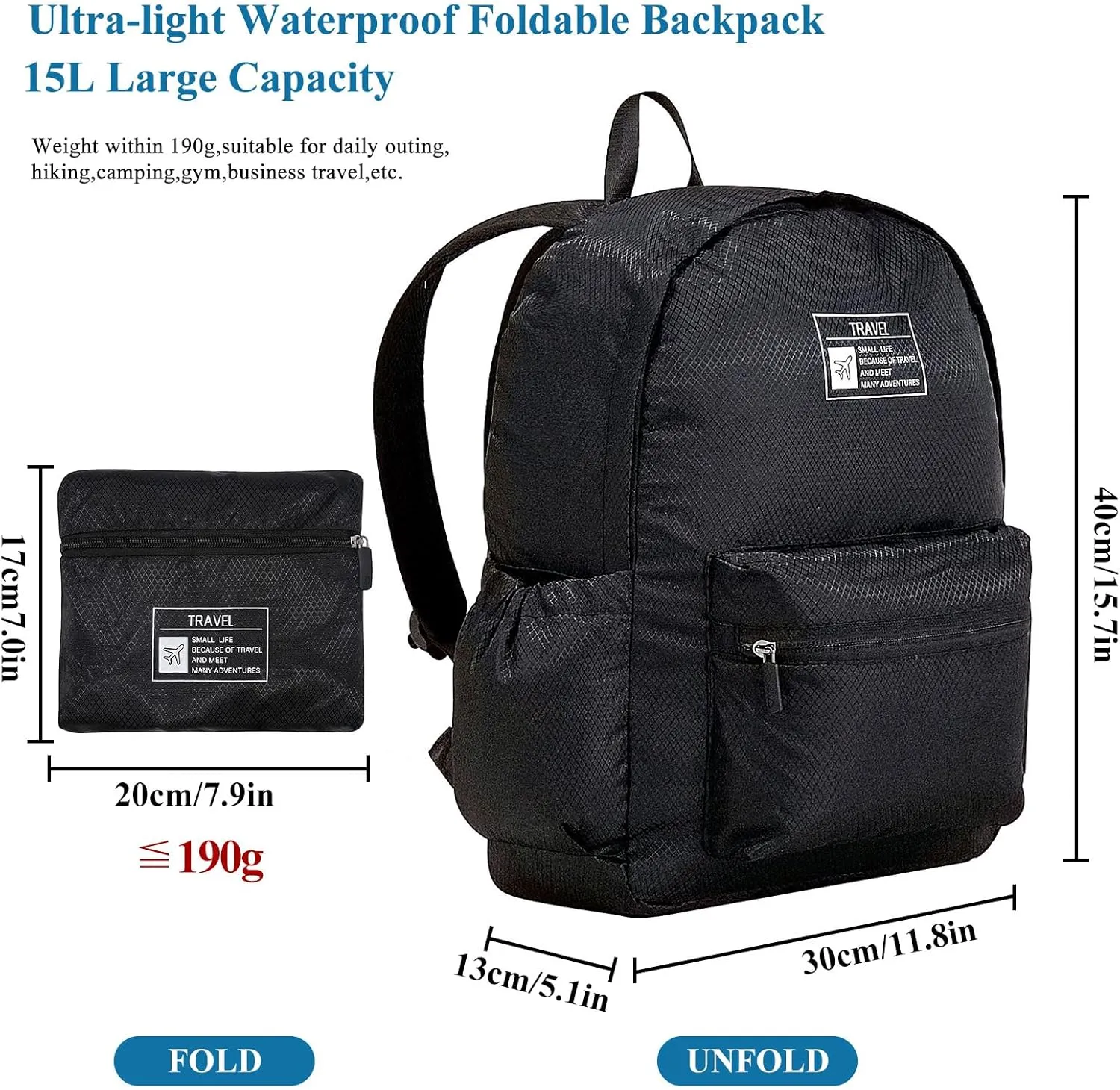 Long Keeper 15L Packable Lightweight Backpack for Women Men Water Resistant Foldable Hiking Travel Camping Daypack (Black)