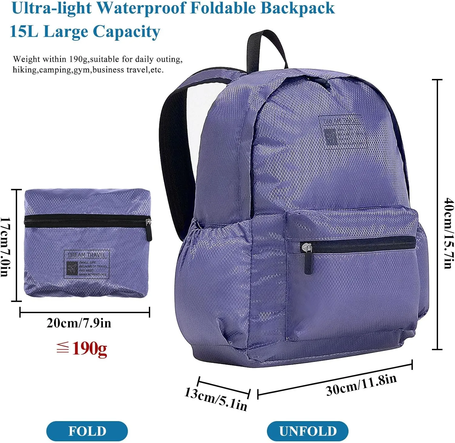 Long Keeper 15L Packable Lightweight Backpack for Women Men Water Resistant Foldable Hiking Travel Camping Daypack (Purple)