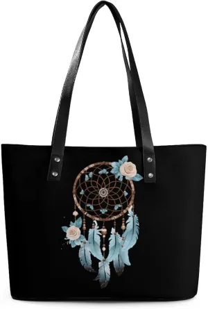 Lotuses Flower Dream Catche Leather Handbags for Women Shoulder Tote Crossbody Travel Purses with Zippered