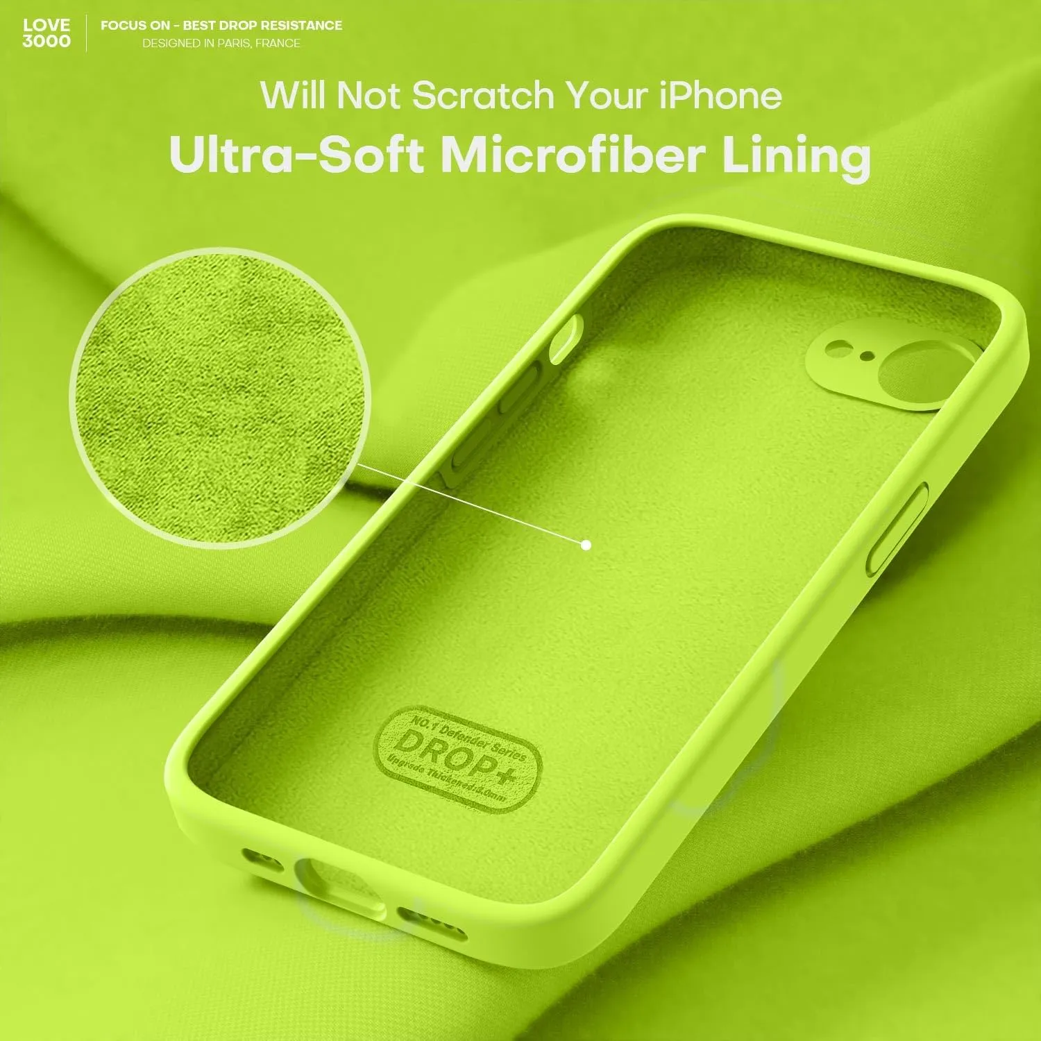 LOVE 3000 Designed for iPhone 16e Case, Premium Silicone with [Soft Anti-Scratch Microfiber Lining] Shockproof Protective Phone Case for Men Women Girls 6.1", Fluorescent Green